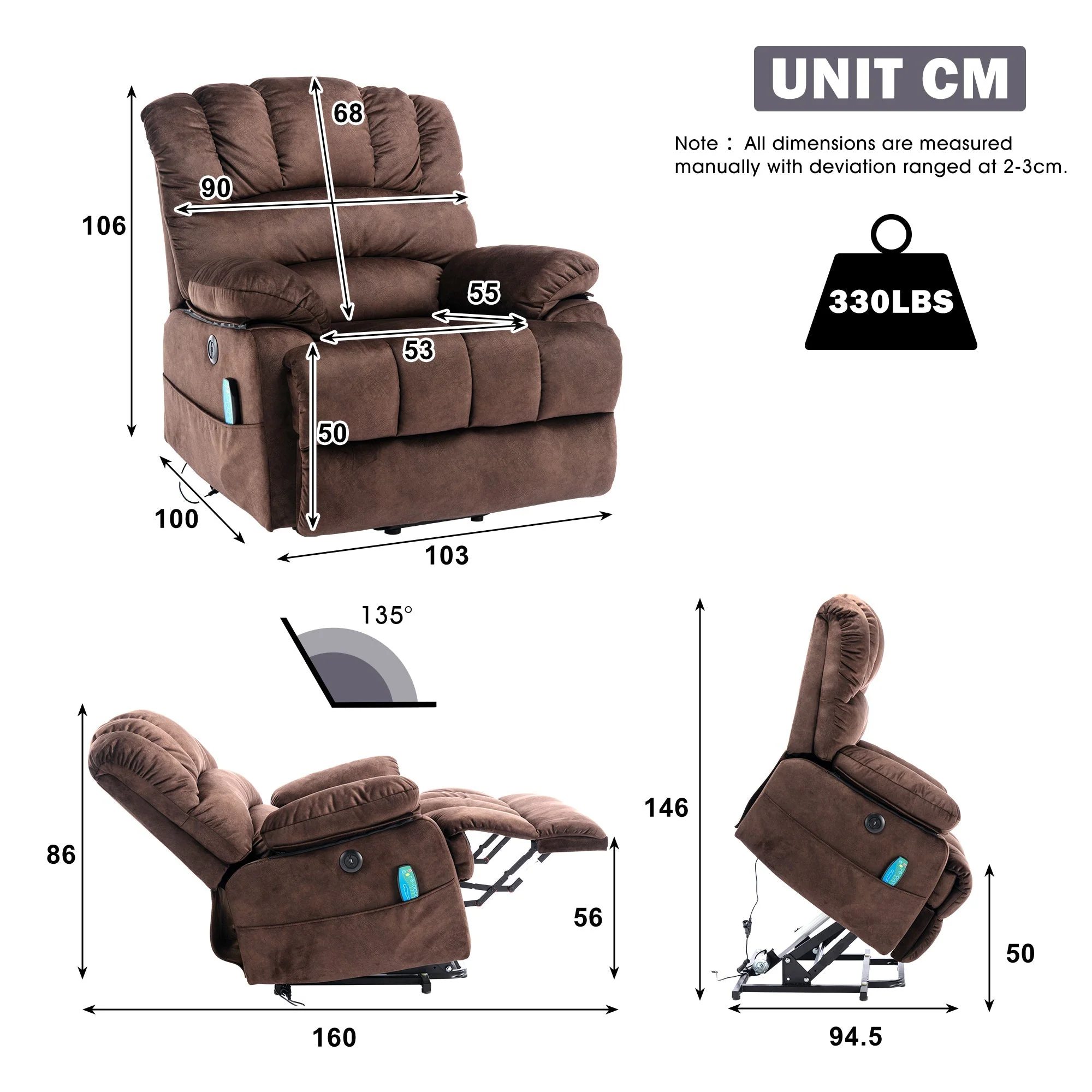 Electric Power Lift Recliner Chair Sofa with Massage and Heat, 2 Side Pockets, USB Ports - Image 5