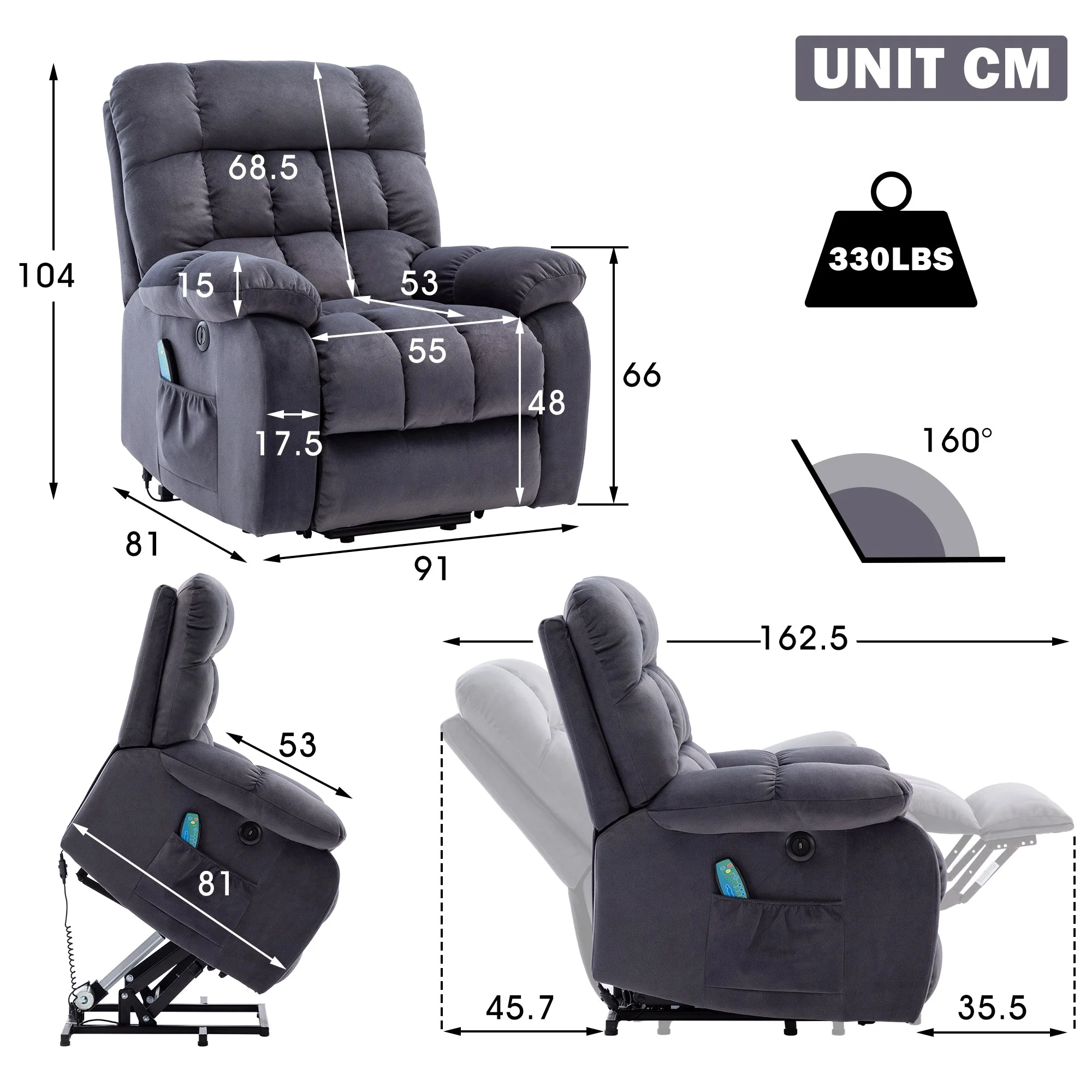 Electric Power Lift Recliner Chair Sofa with Massage, Heat, USB Ports & Pockets, for Elderly, Breathable Fabric - Image 3