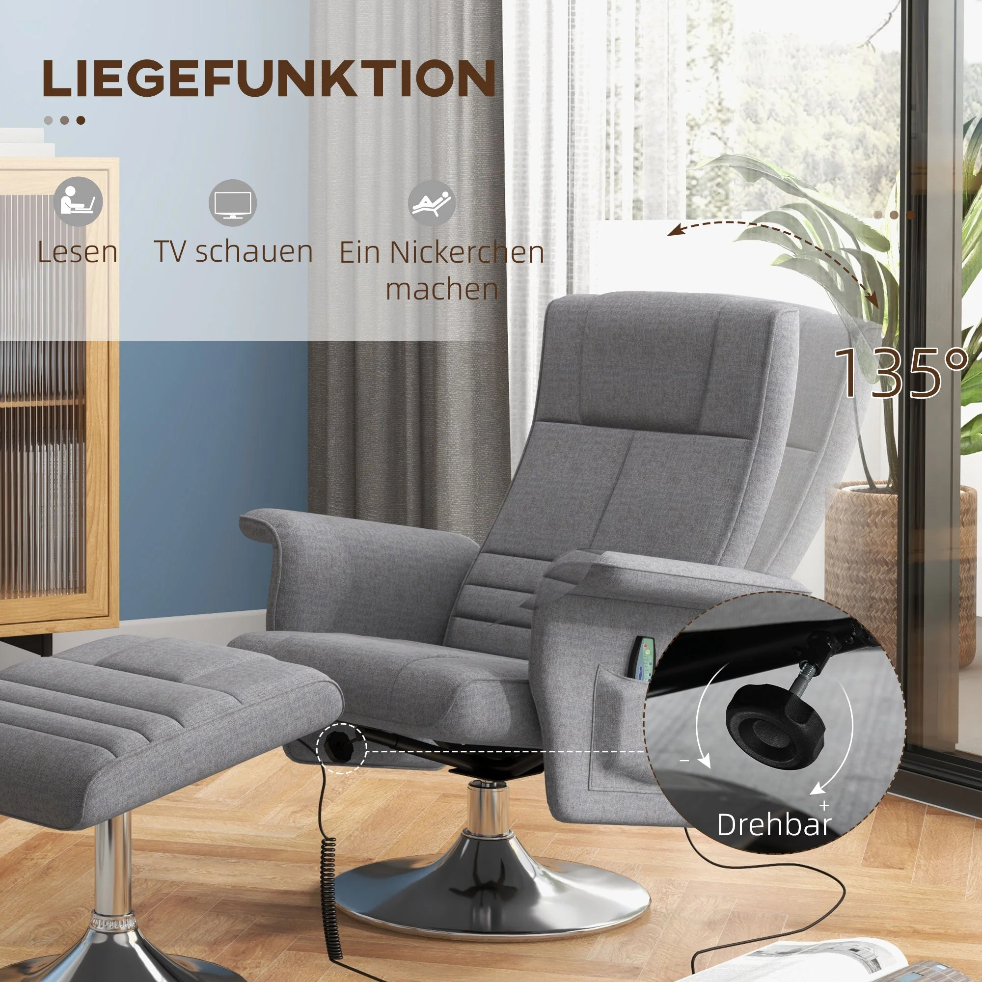 Electric Recliner Chair with Footstool, Reclining Function, Vibration Massage, Remote Control, Linen Look Dark Gray - Image 5