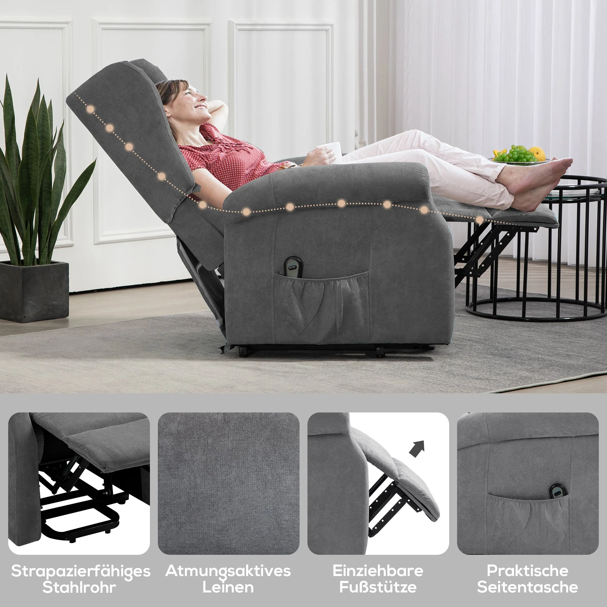 Electric Recliner, Lift Function Side Pocket Remote Control, Linen-Look Upholstery - Image 6
