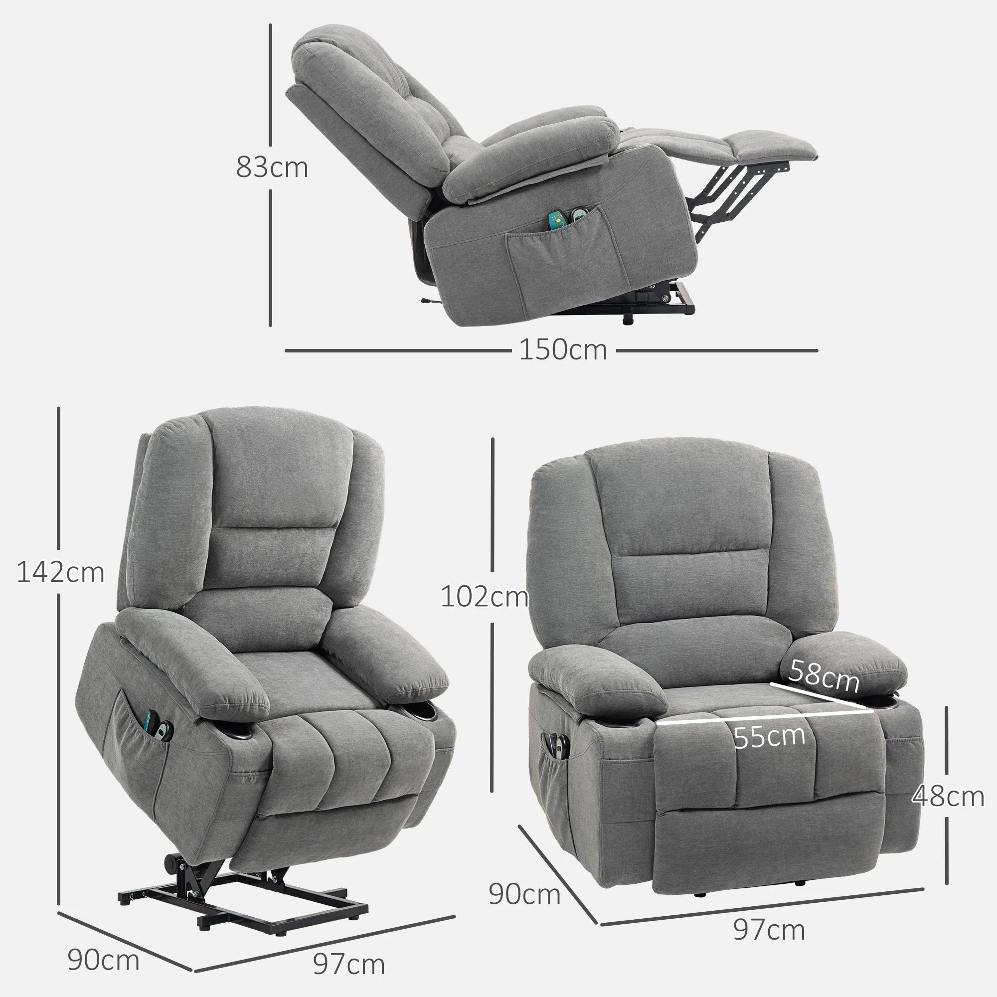Electric Recliner Lift Massage Heating Side Pocket, Dark Grey - Image 3