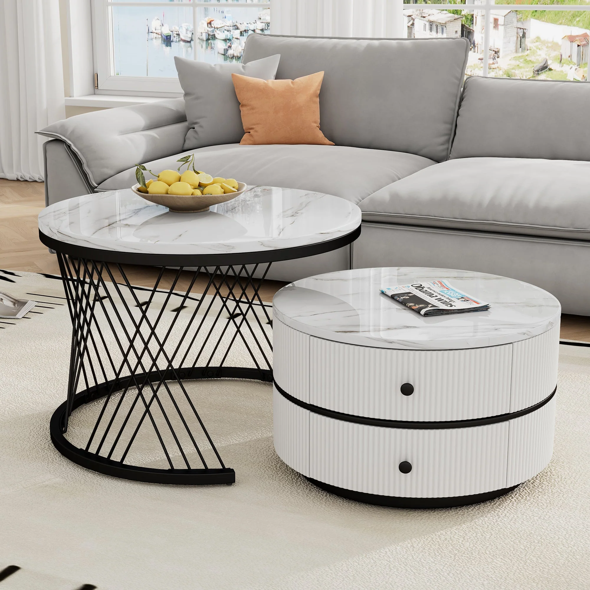 Elegant 2-Piece Nesting Coffee Table Set, Round High-Gloss Marble Look with 2 Drawers, White - Image 6