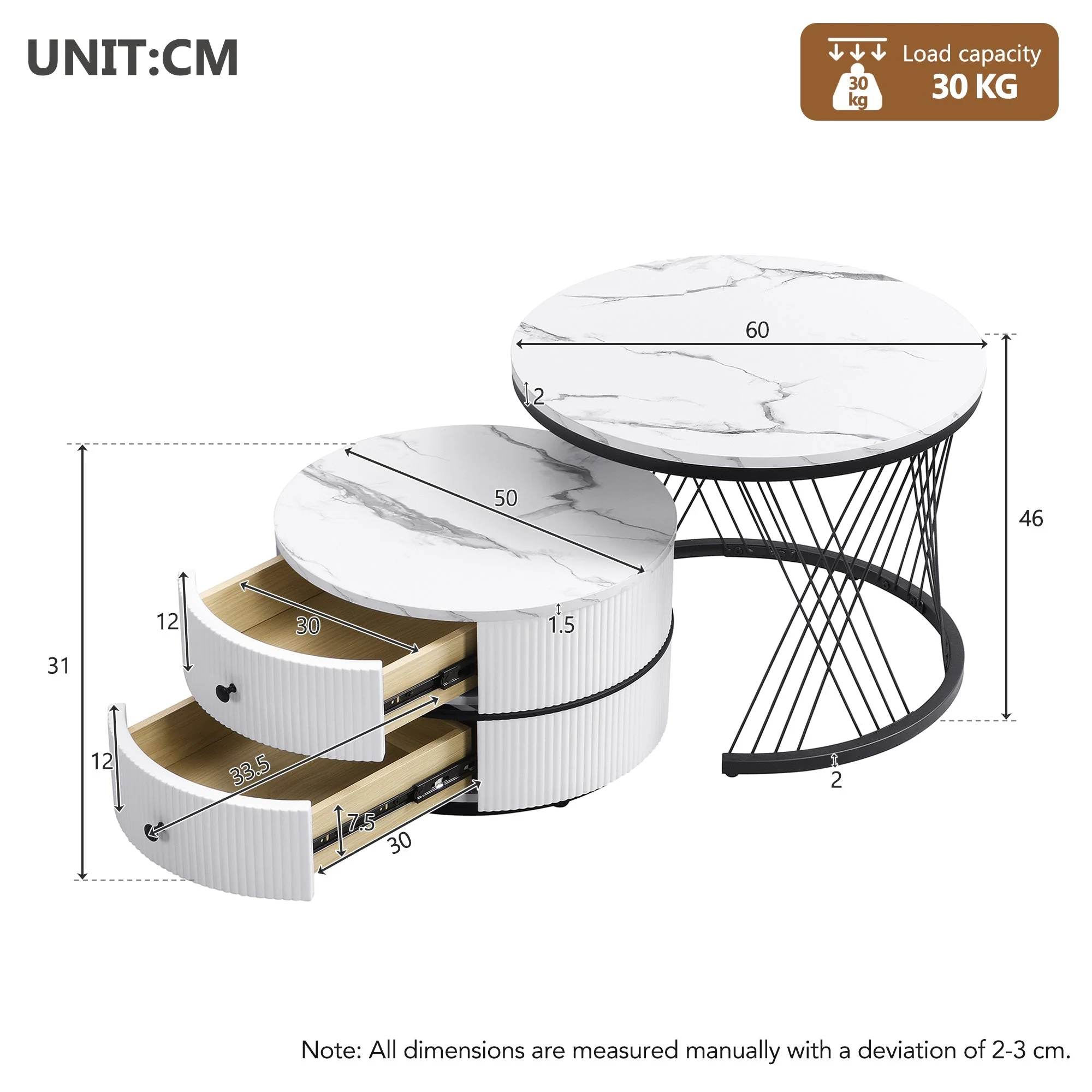 Elegant 2-Piece Nesting Coffee Table Set, Round High-Gloss Marble Look with 2 Drawers, White - Image 7