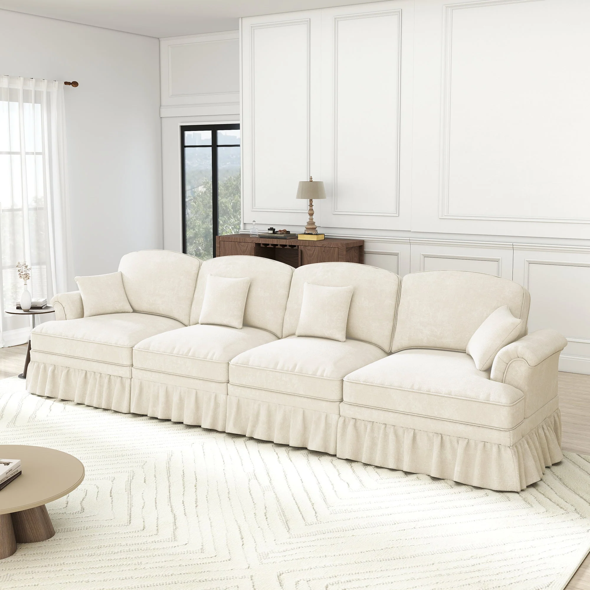 Elegant 4-Seater Sofa Mid-Century Ruffled Apron Spindle Legs - White Chenille - Image 2