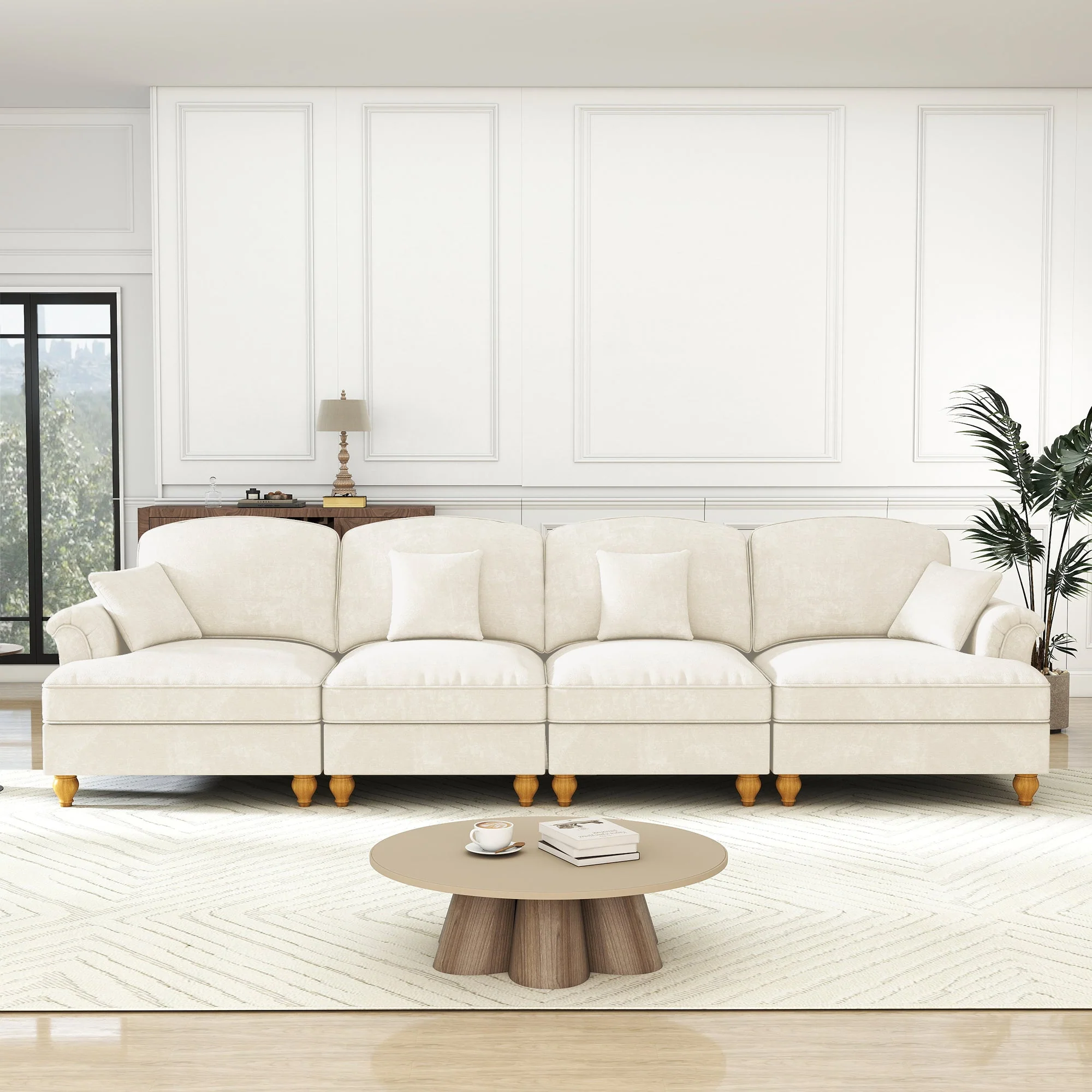 Elegant 4-Seater Sofa Mid-Century Ruffled Apron Spindle Legs - White Chenille - Image 3