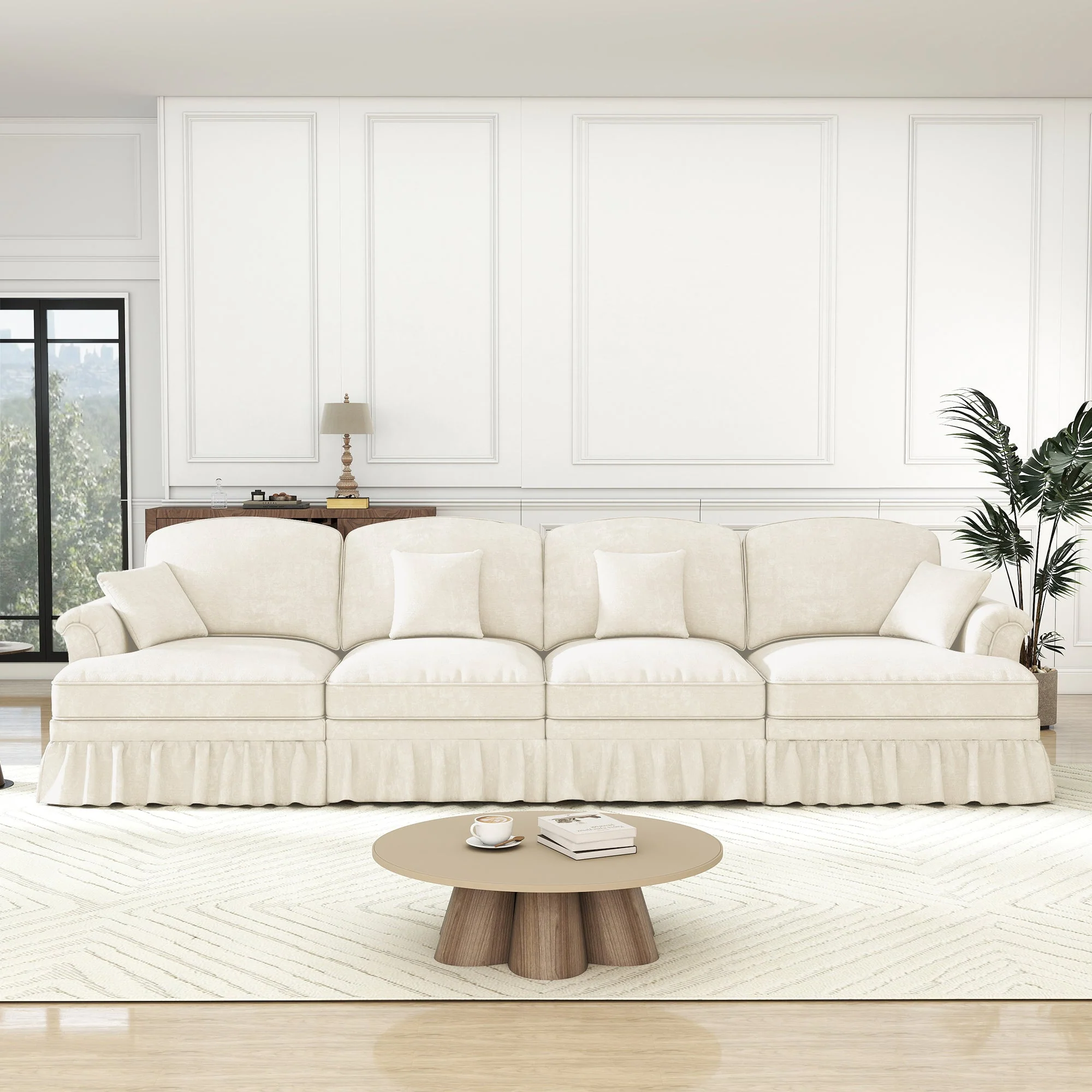 Elegant 4-Seater Sofa Mid-Century Ruffled Apron Spindle Legs - White Chenille - Image 4