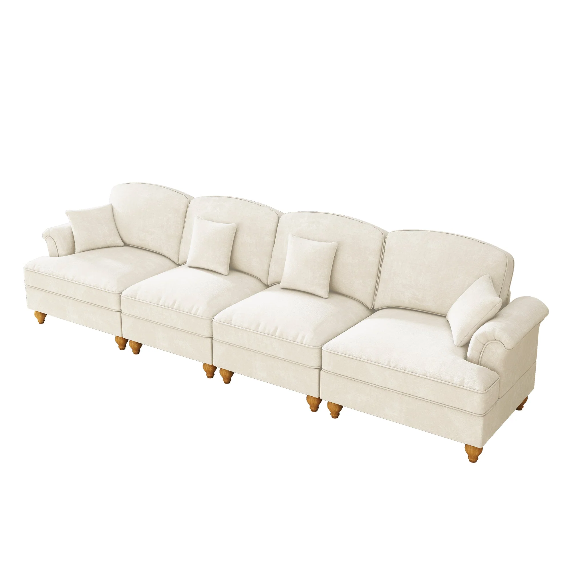 Elegant 4-Seater Sofa Mid-Century Ruffled Apron Spindle Legs - White Chenille - Image 9