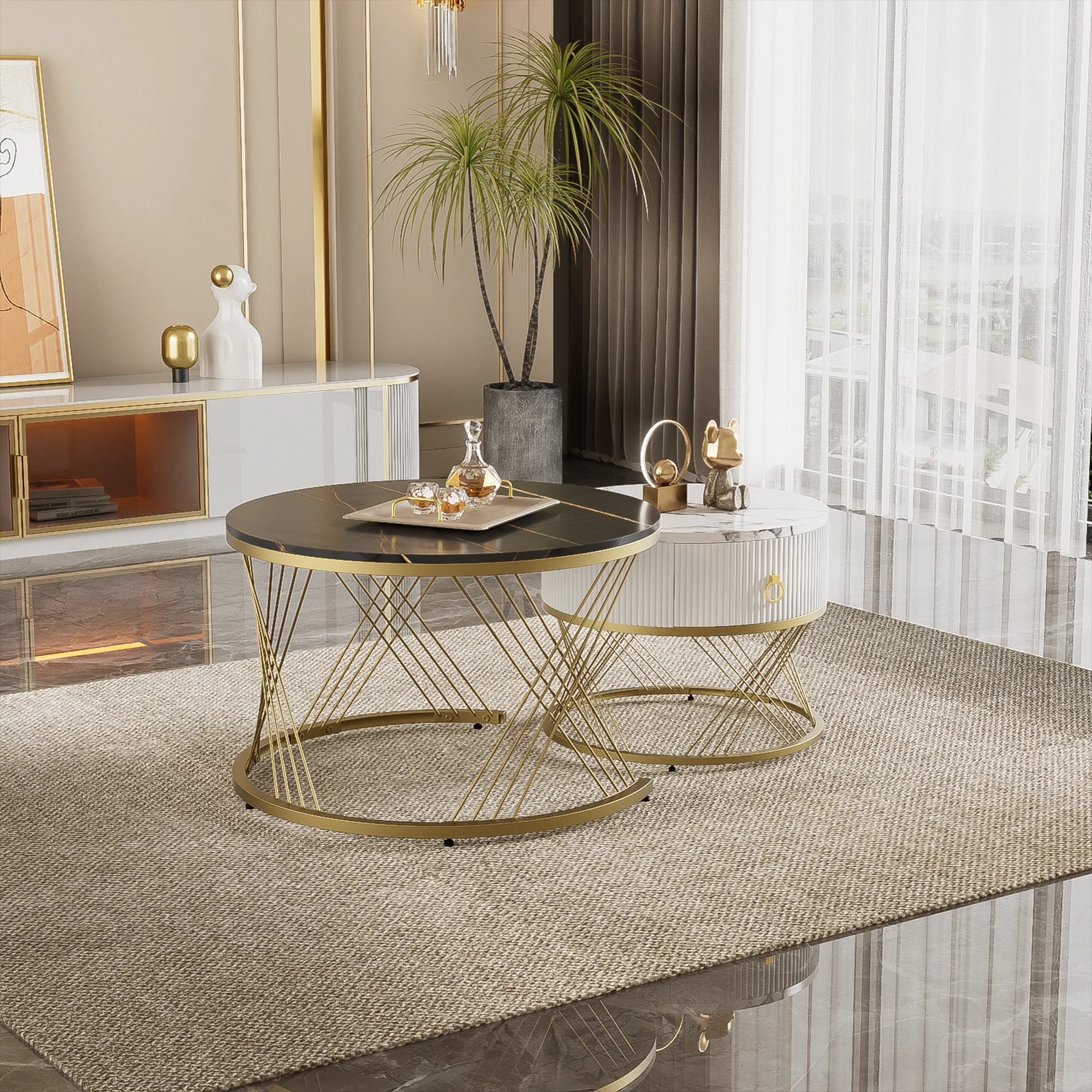 Elegant nesting Coffee Table: Marble Look, Gold Decor, Side Table with Drawers - Set of 2