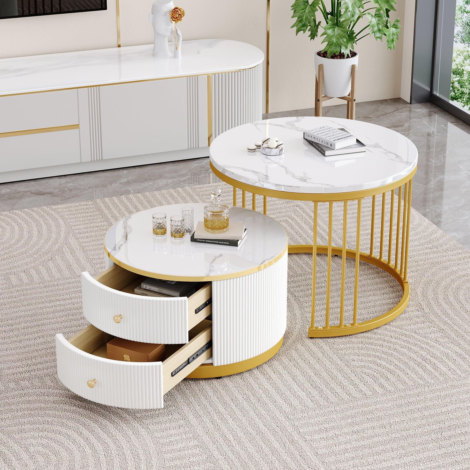 Elegant Nesting Coffee Table Set with Drawers, White Marble Look - Image 4