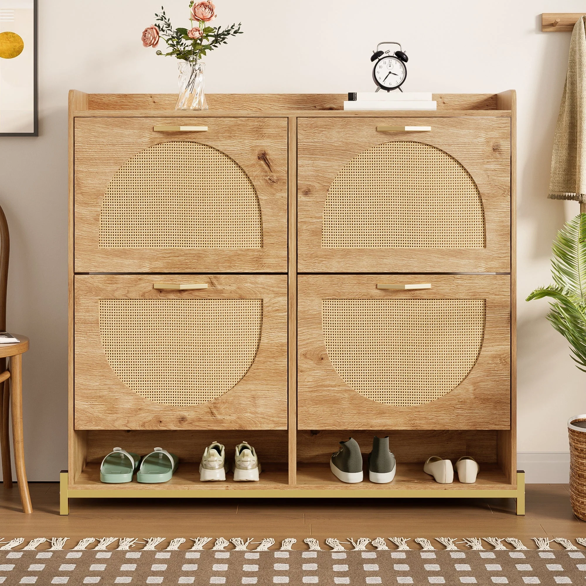 Elegant Shoe Cabinet 4 Doors Metal Frame Top Shelf Wooden Rattan - Image 6