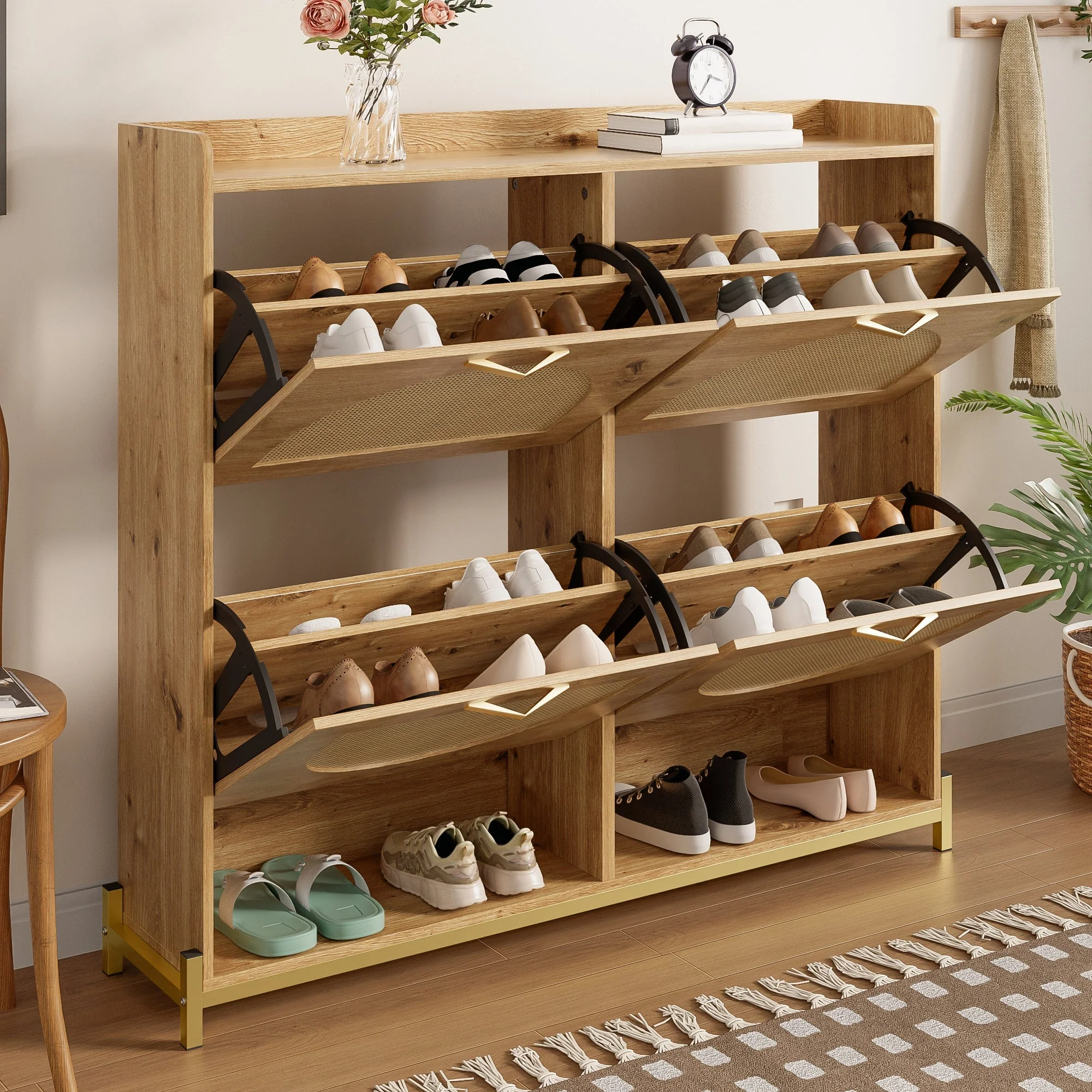 Elegant Shoe Cabinet 4 Doors Metal Frame Top Shelf Wooden Rattan - Image 8