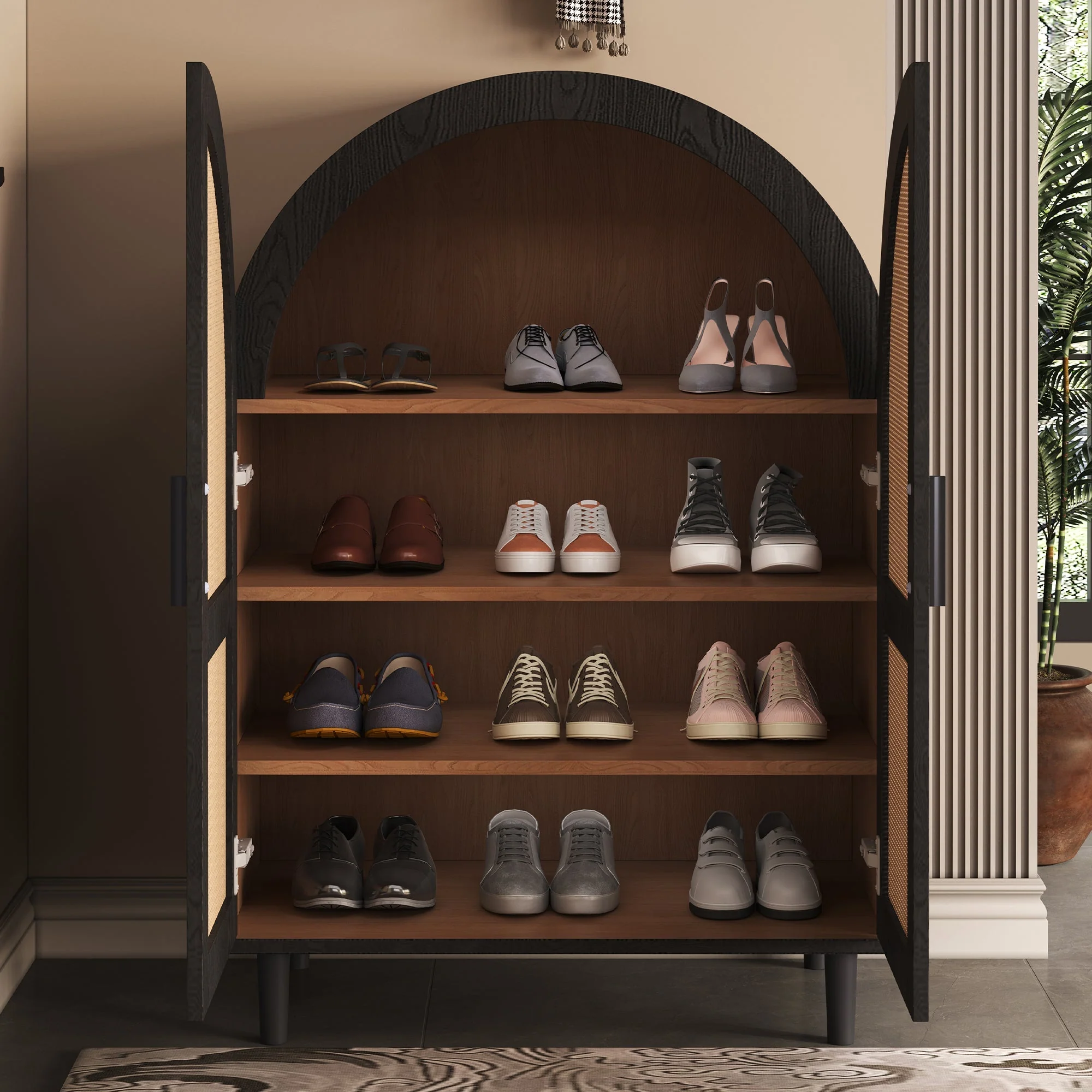 Elegant Sideboard/Shoe Cabinet, Rounded Exterior, Rattan Doors, 3 Shelves - Image 9