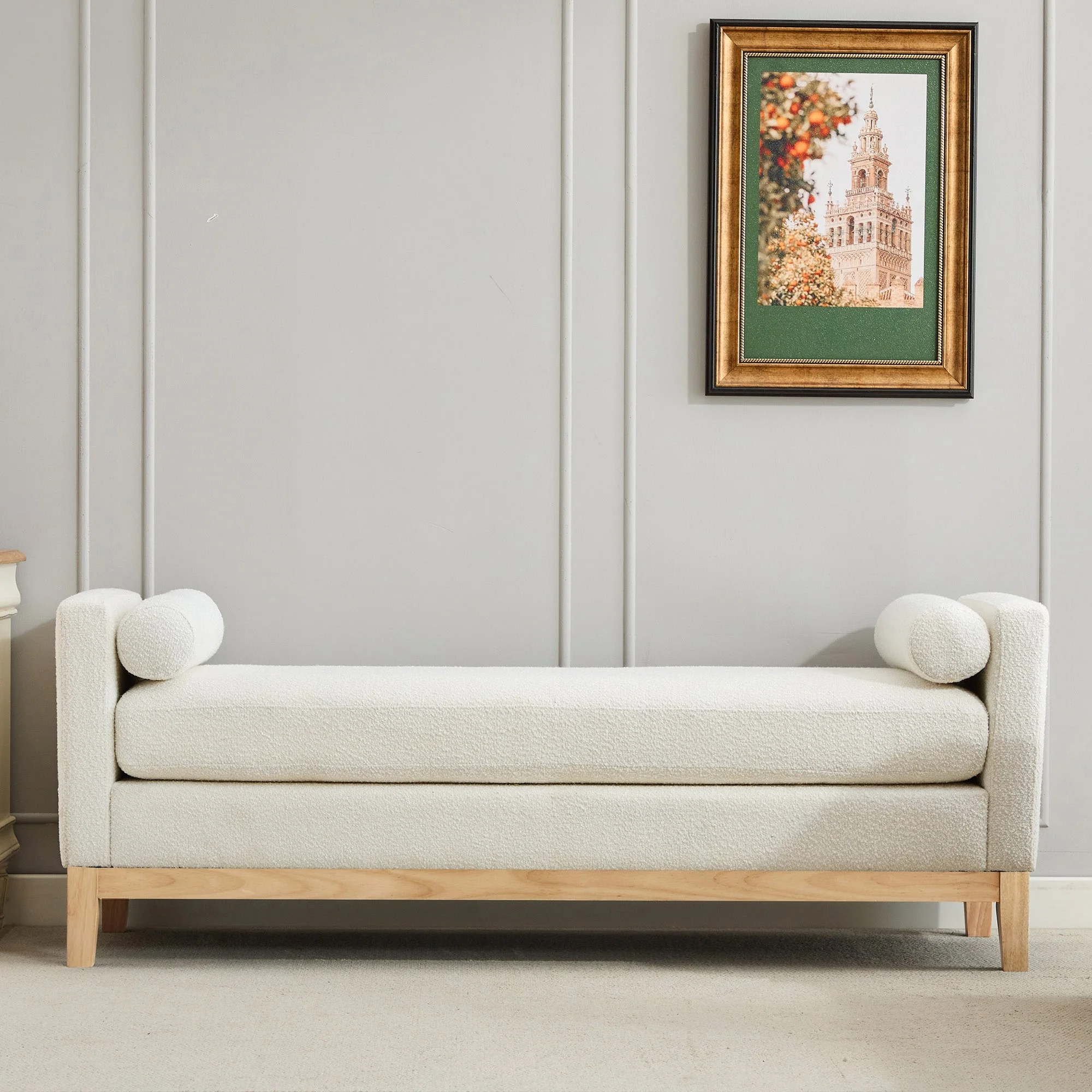 Elegant Upholstered Bench, Daybed Ottoman with Wood Legs and 2 Bolster Pillows, Ivory Boucle - Image 4