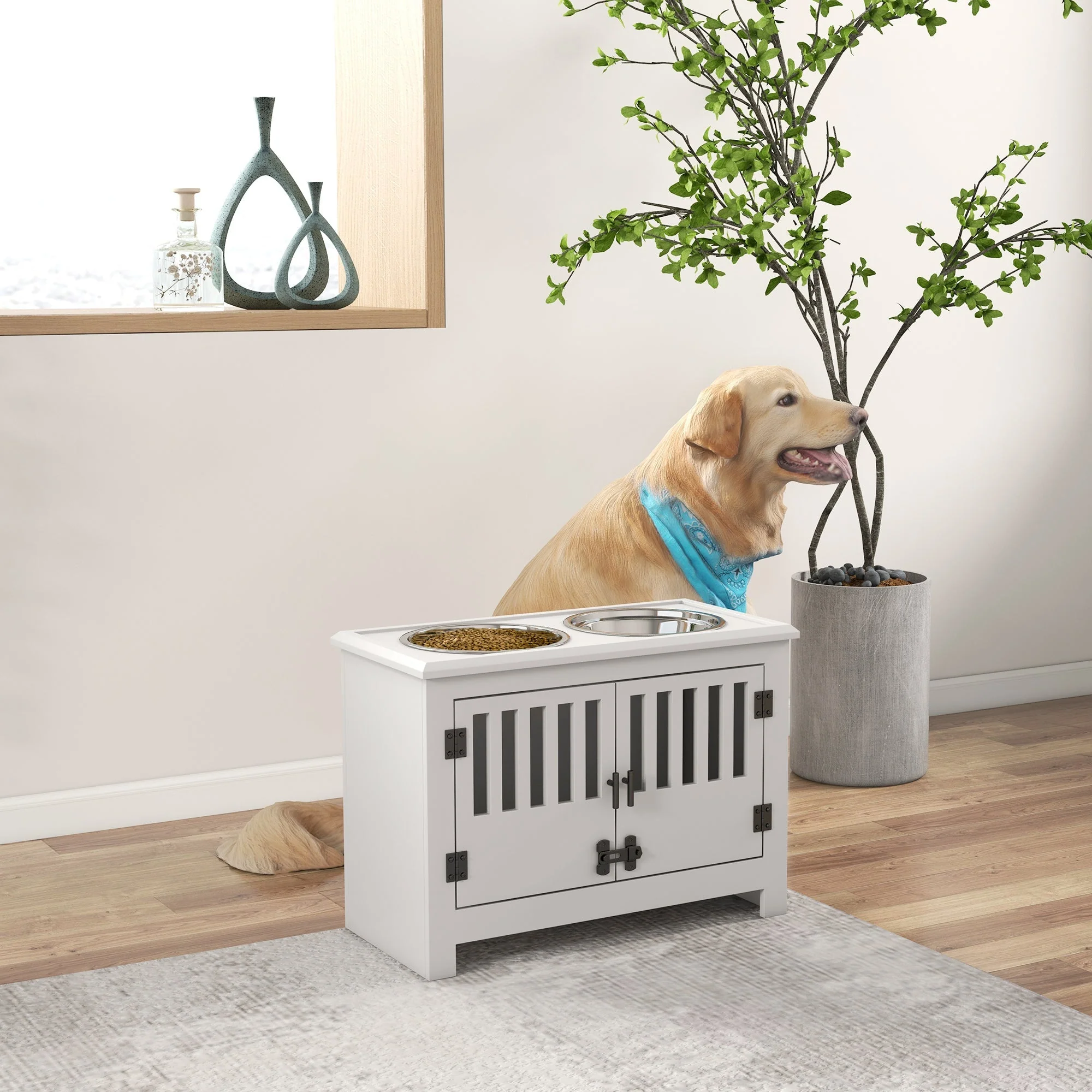 Elevated Pet Feeder, 2L Bowl, Storage, Lock, White