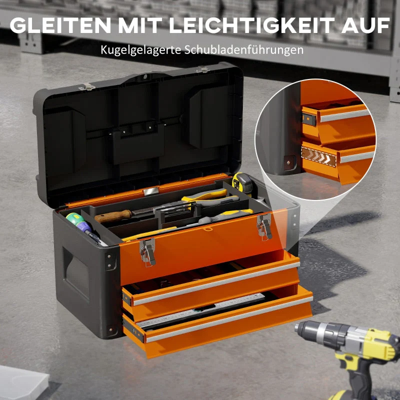 Empty Tool Box, Drawer, Top Storage, Handle, Steel, Orange - Image 6