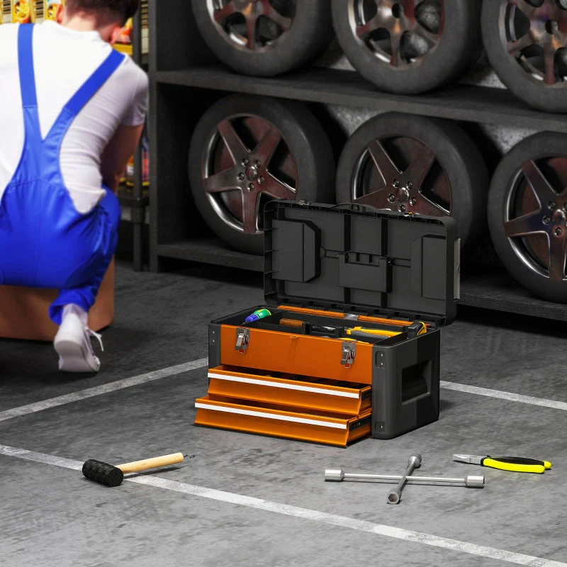 Empty Tool Box, Drawer, Top Storage, Handle, Steel, Orange - Image 8