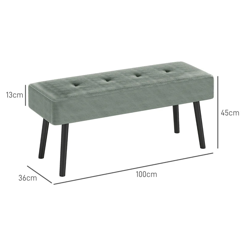 End of Bed Bench with Thick Padding and Steel Legs, Corduroy, Green - Image 3