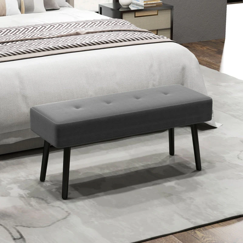End of Bed Bench with Thick Padding, Tufted Corduroy, Grey