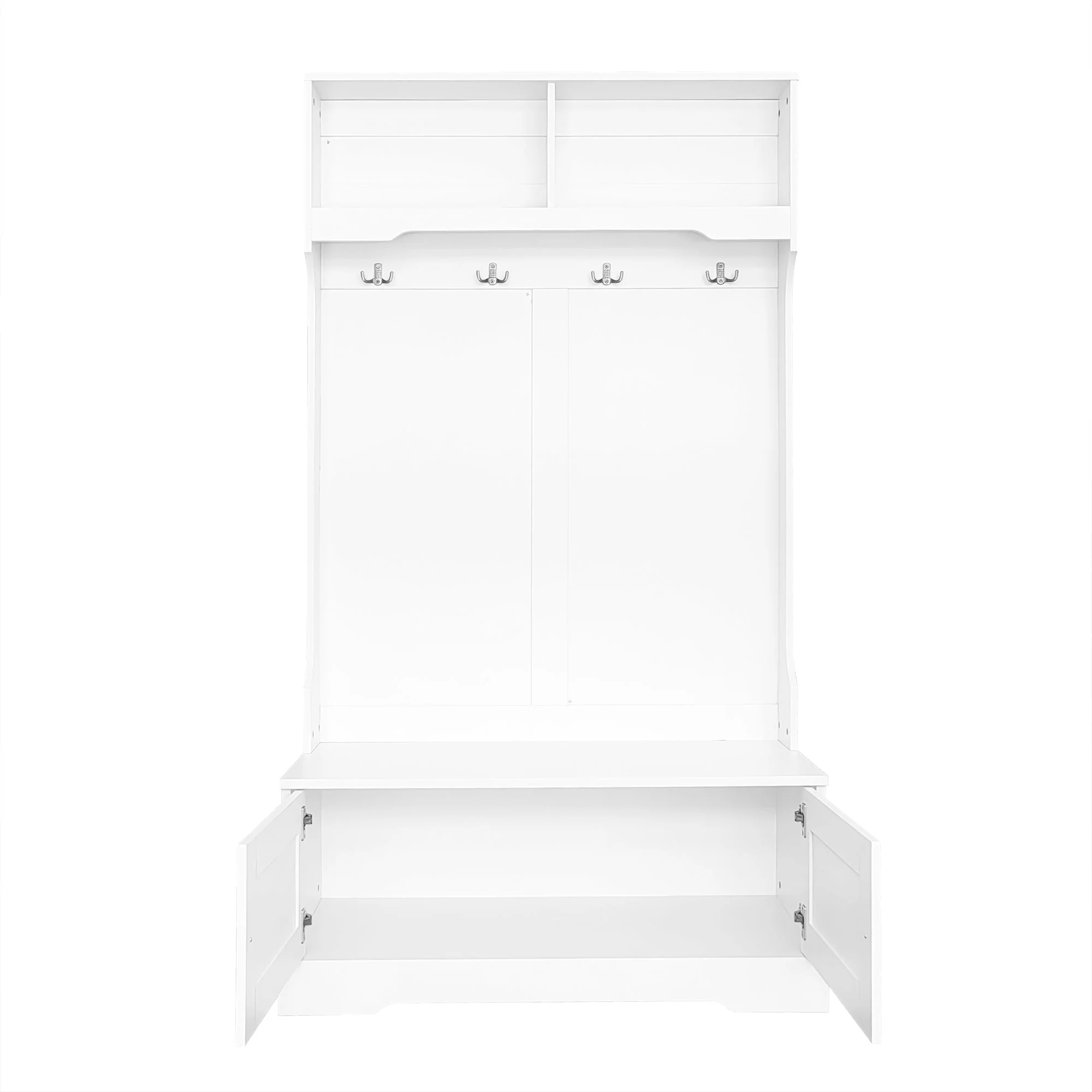 Entrance Cabinet, Storage Seat with Hooks & Open Compartments, White - Image 2