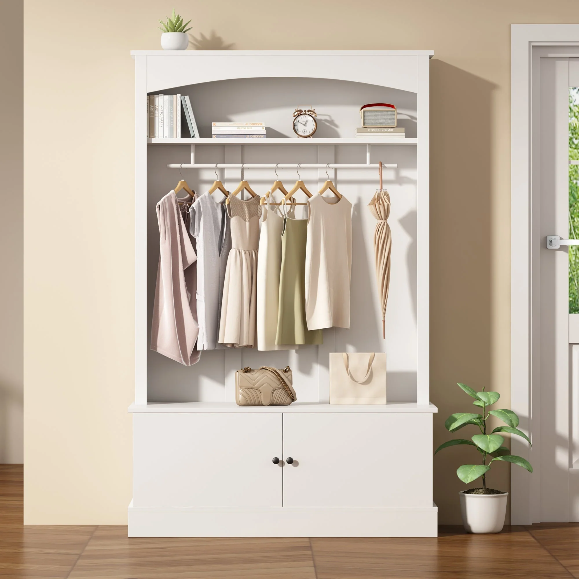 Entryway Cabinet Coat Rack Shoe Bench Storage Adjustable Shelves, White - Image 7