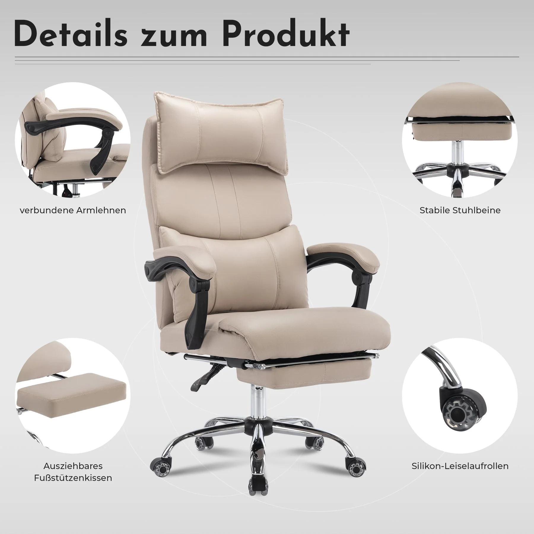Ergonomic Executive Office Chair - Height Adjustable Swivel Double Lumbar Support - Beige PU Leather - Image 9