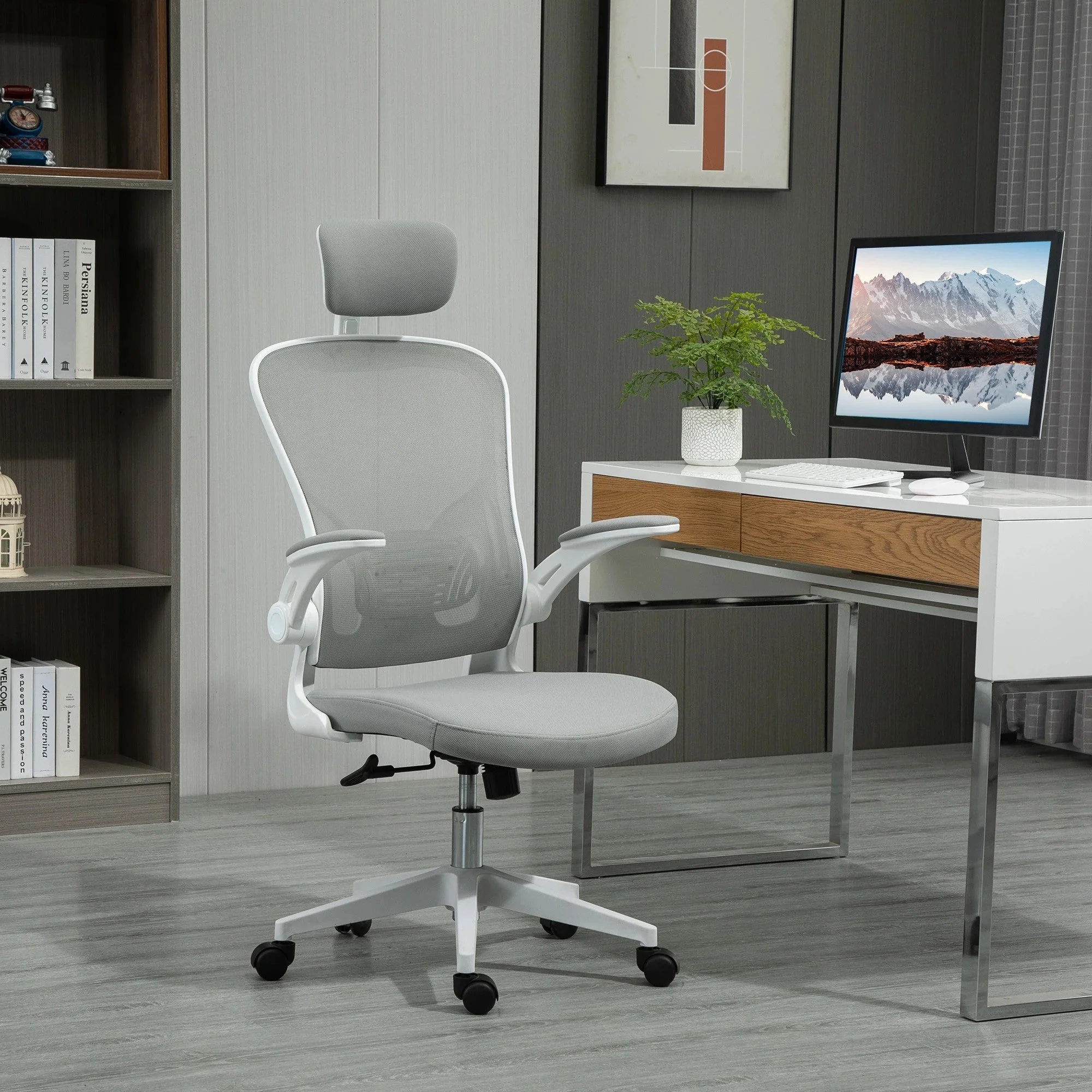 Ergonomic Office Chair, Headrest Rocking Function Height Adjustable, Grey