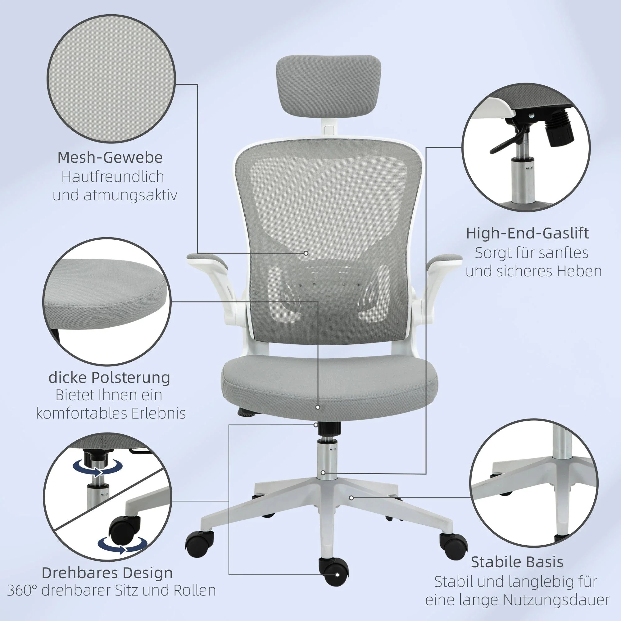 Ergonomic Office Chair, Headrest Rocking Function Height Adjustable, Grey - Image 8