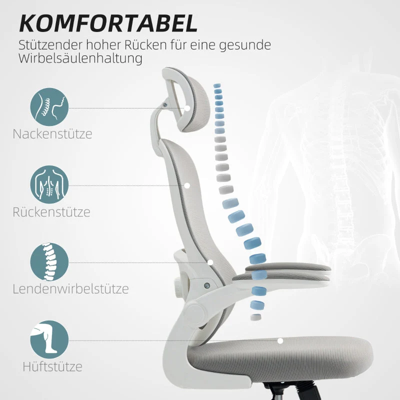 Ergonomic Office Chair Mesh Back Adjustable Height Foldable Arms Rocking - Grey - Image 4