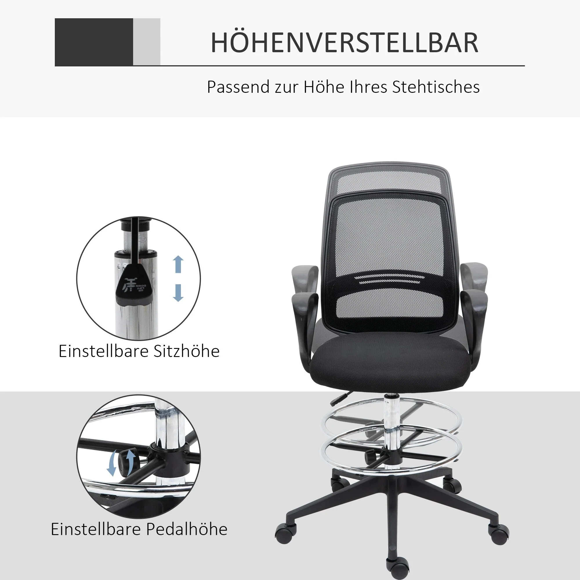 Ergonomic Office Standing Chair Swivel Height-Adjustable Footrest, Metal Black - Image 5