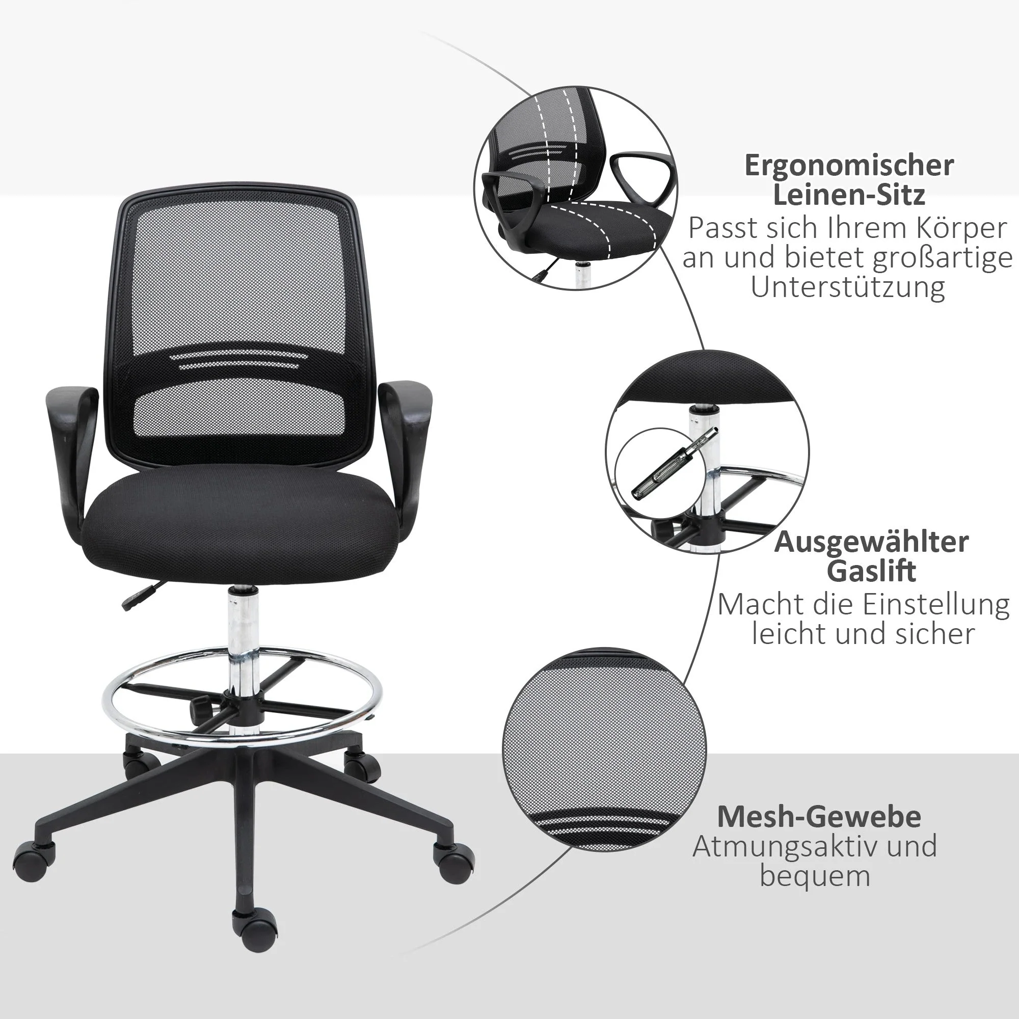 Ergonomic Office Standing Chair Swivel Height-Adjustable Footrest, Metal Black - Image 7