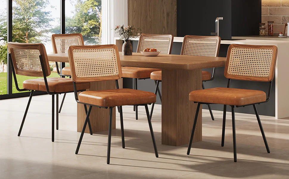 Ergonomic Rattan Dining Chairs with Vanity and Lounge Function, Set of 6, Faux Leather - Image 2