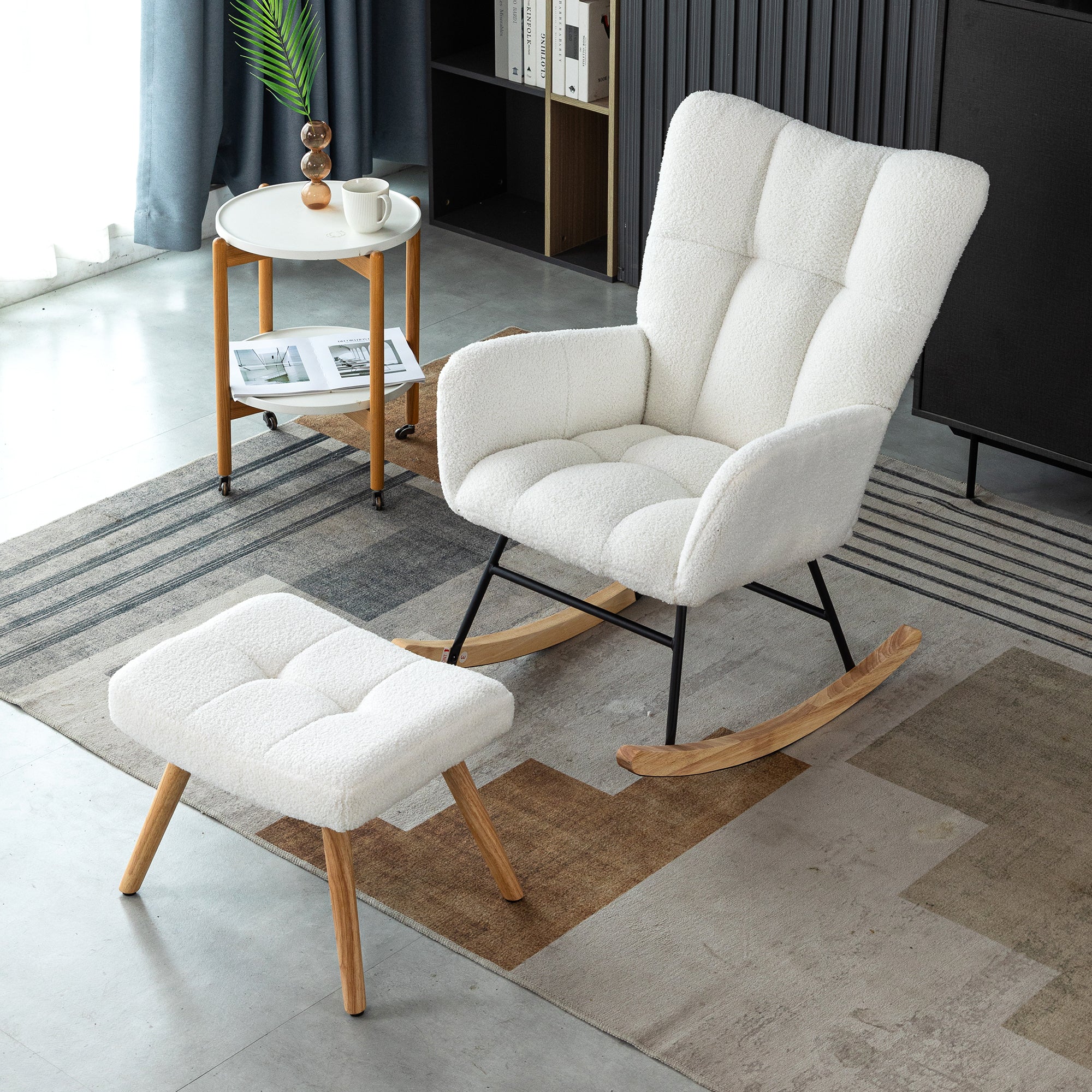 Ergonomic Rocking Chair with Footstool, Rubber Wood Frame, White - Image 2