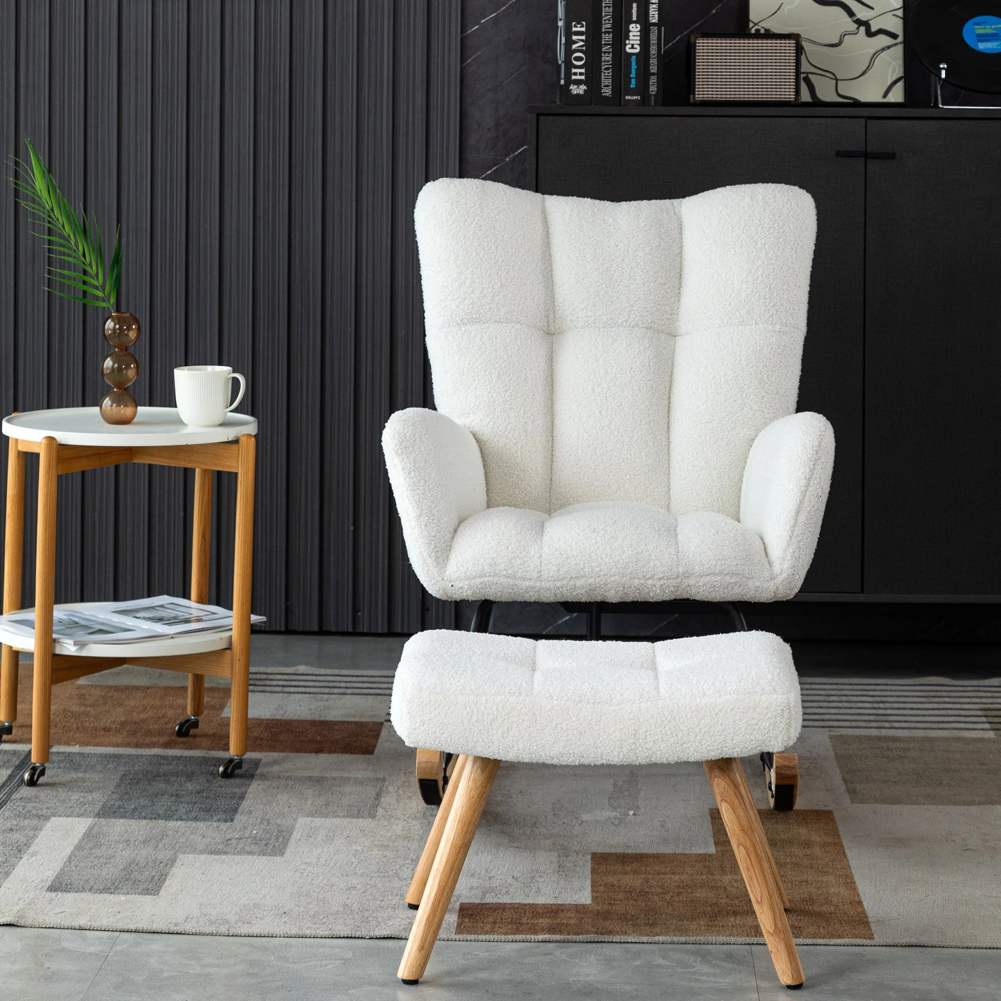 Ergonomic Rocking Chair with Footstool, Rubber Wood Frame, White - Image 8