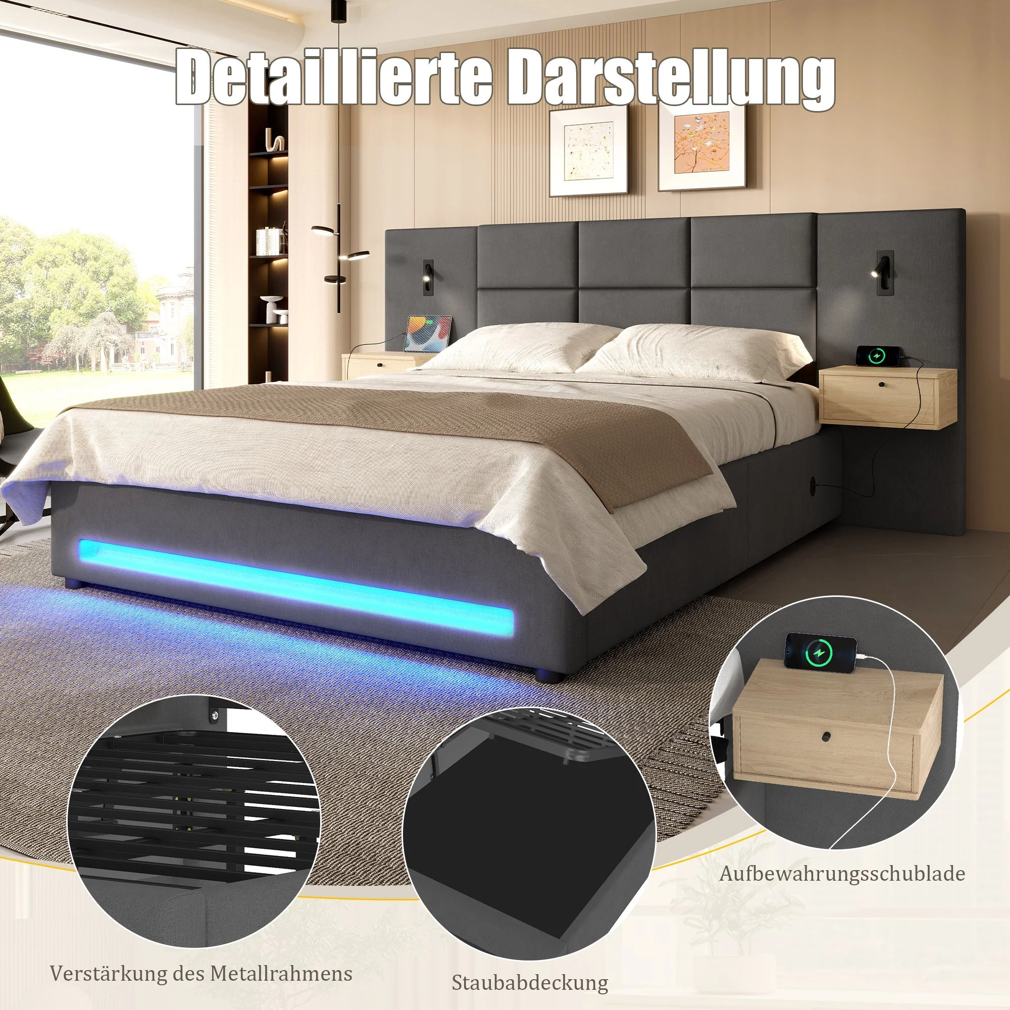 European Upholstered Bed 180x200cm Storage LED USB-C Velvet - Image 7