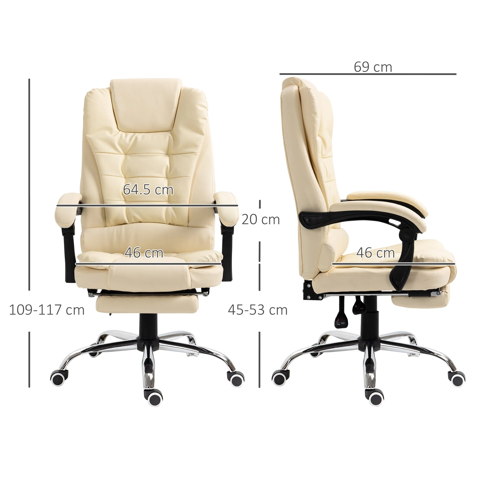 Executive Office Chair Swivel, Reclining, Retractable Footrest Cream White Faux Leather - Image 3