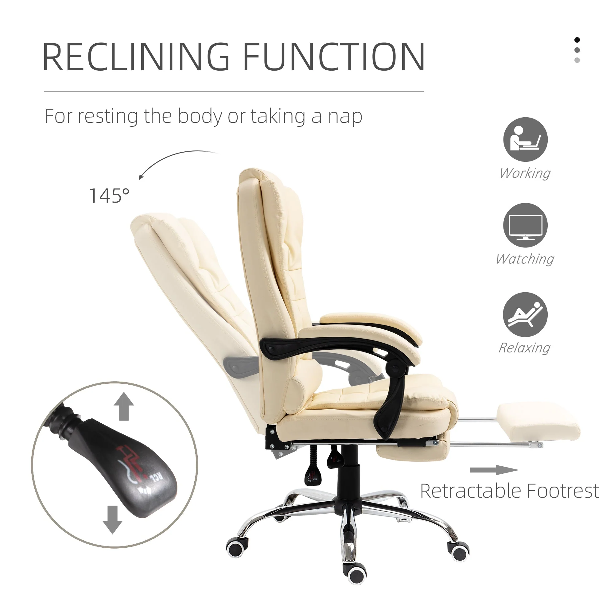 Executive Office Chair Swivel, Reclining, Retractable Footrest Cream White Faux Leather - Image 5