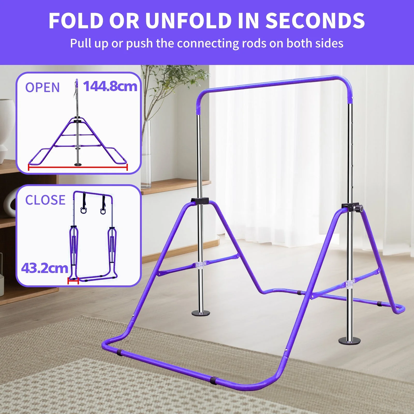 Expandable Gymnastics Bar, Height Adjustable Folding Junior Training, Purple - Image 5