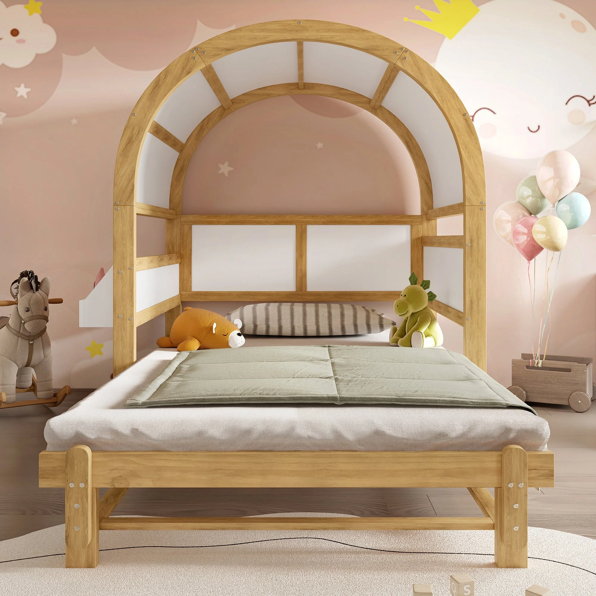 Extendable Arched Roof Bed Sliding Daybed 140x200cm Small Shelf - White/Natural - Image 2