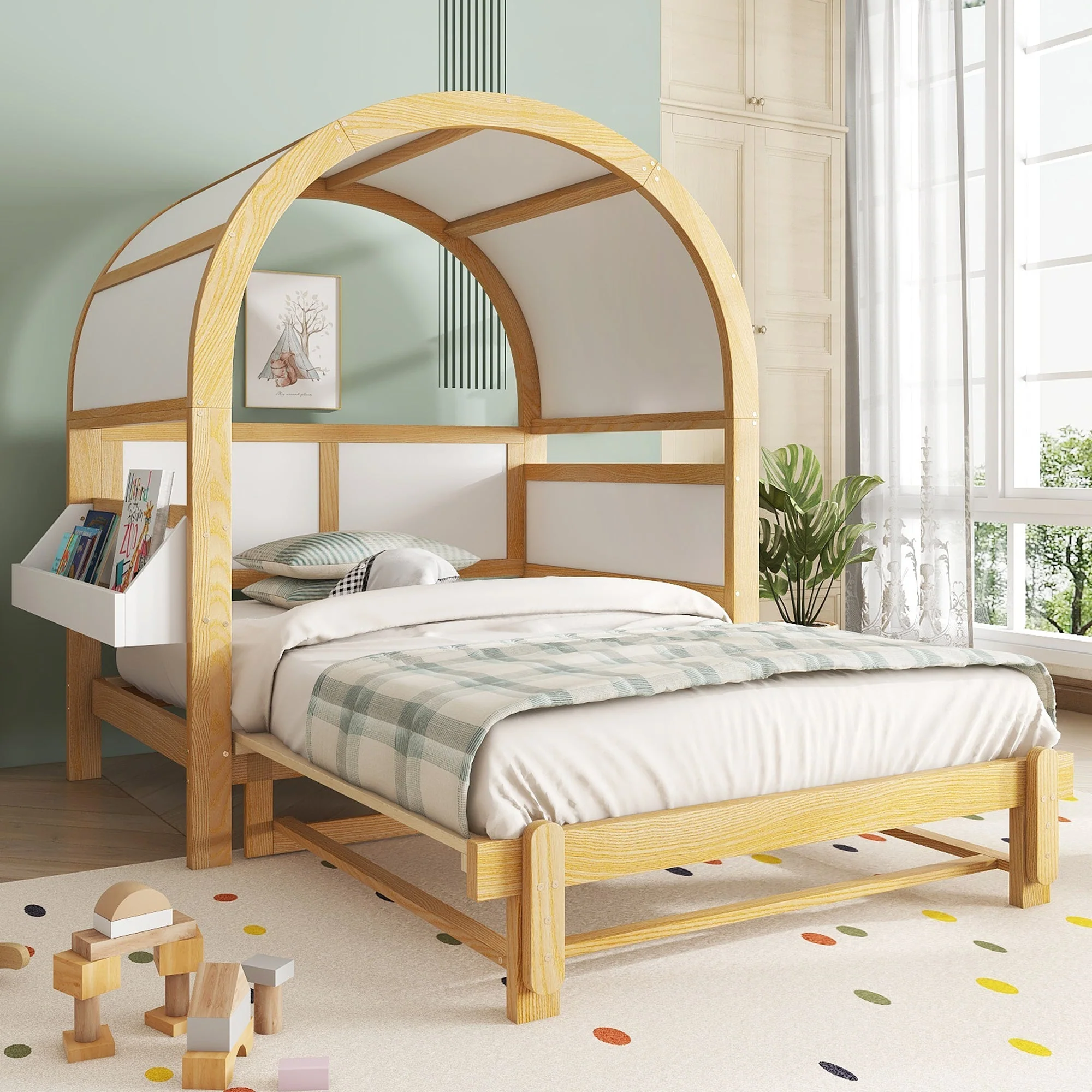 Extendable Arched Roof Bed Sliding Daybed 140x200cm Small Shelf - White/Natural - Image 6