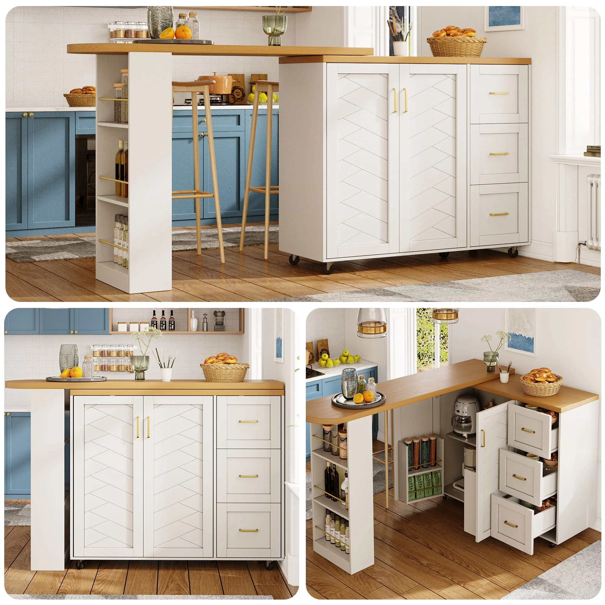 Extendable Bar Cart 2 Doors 3 Drawers Rolling Worktop White/Black Wood Look
