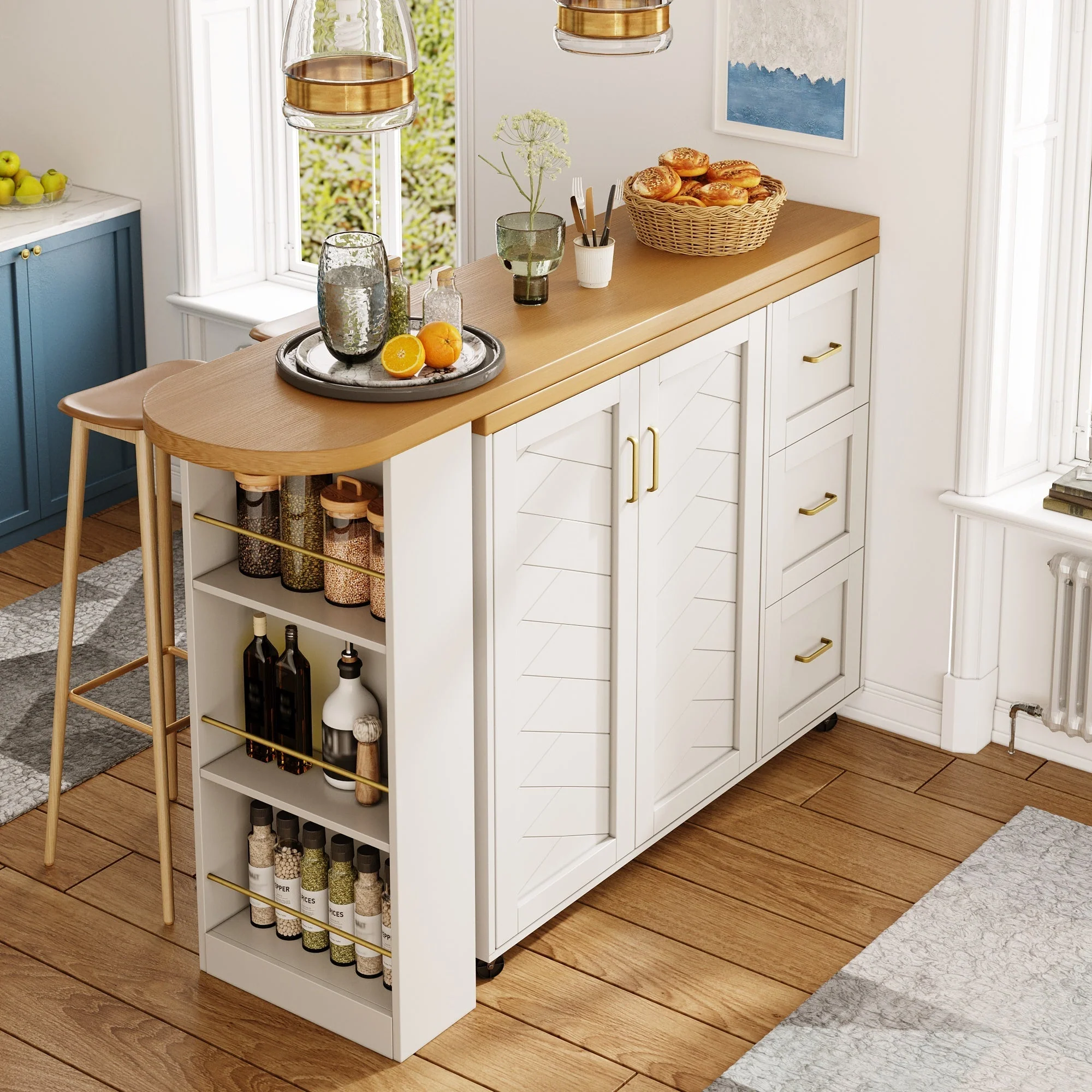 Extendable Bar Cart 2 Doors 3 Drawers Rolling Worktop White/Black Wood Look - Image 3