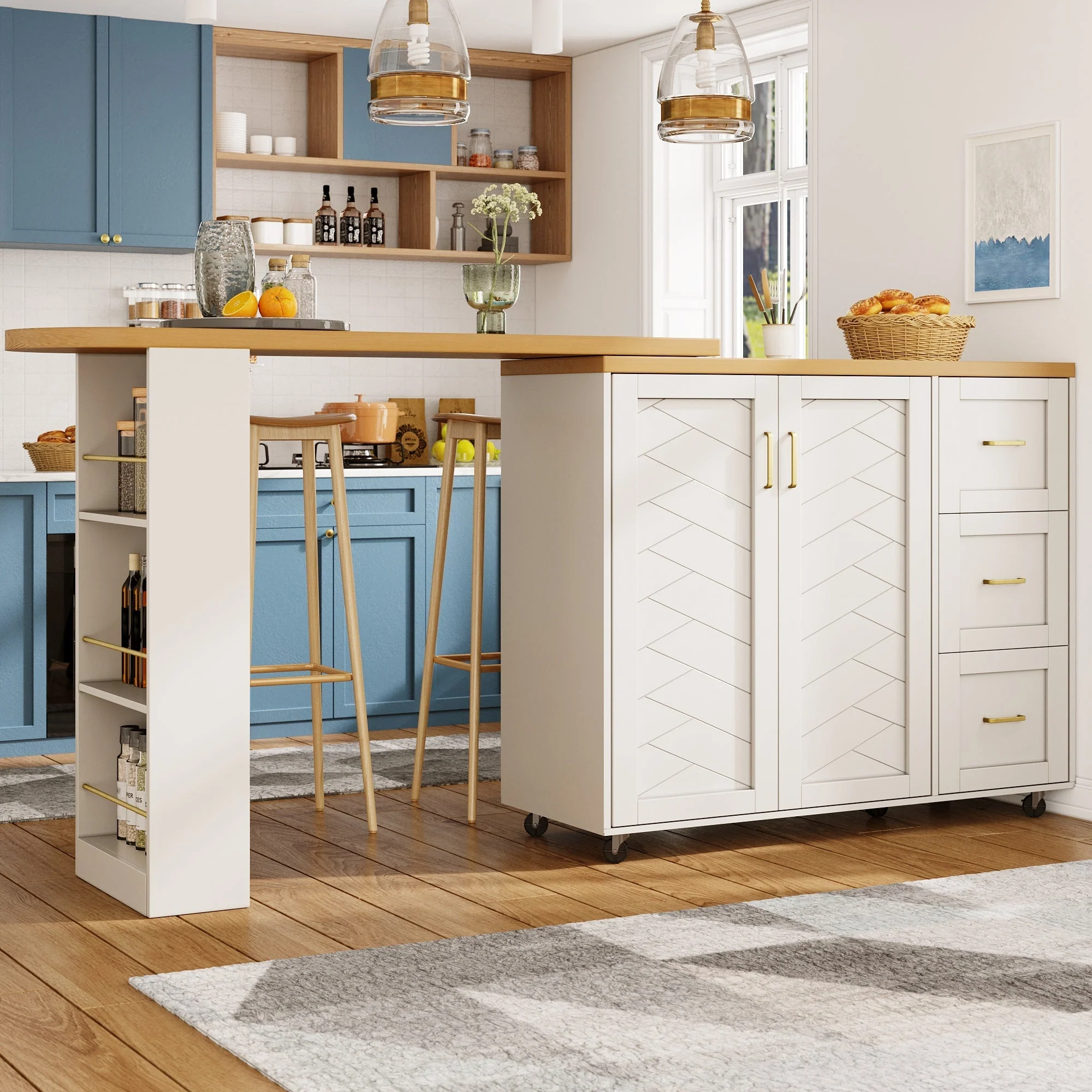 Extendable Bar Cart 2 Doors 3 Drawers Rolling Worktop White/Black Wood Look - Image 6
