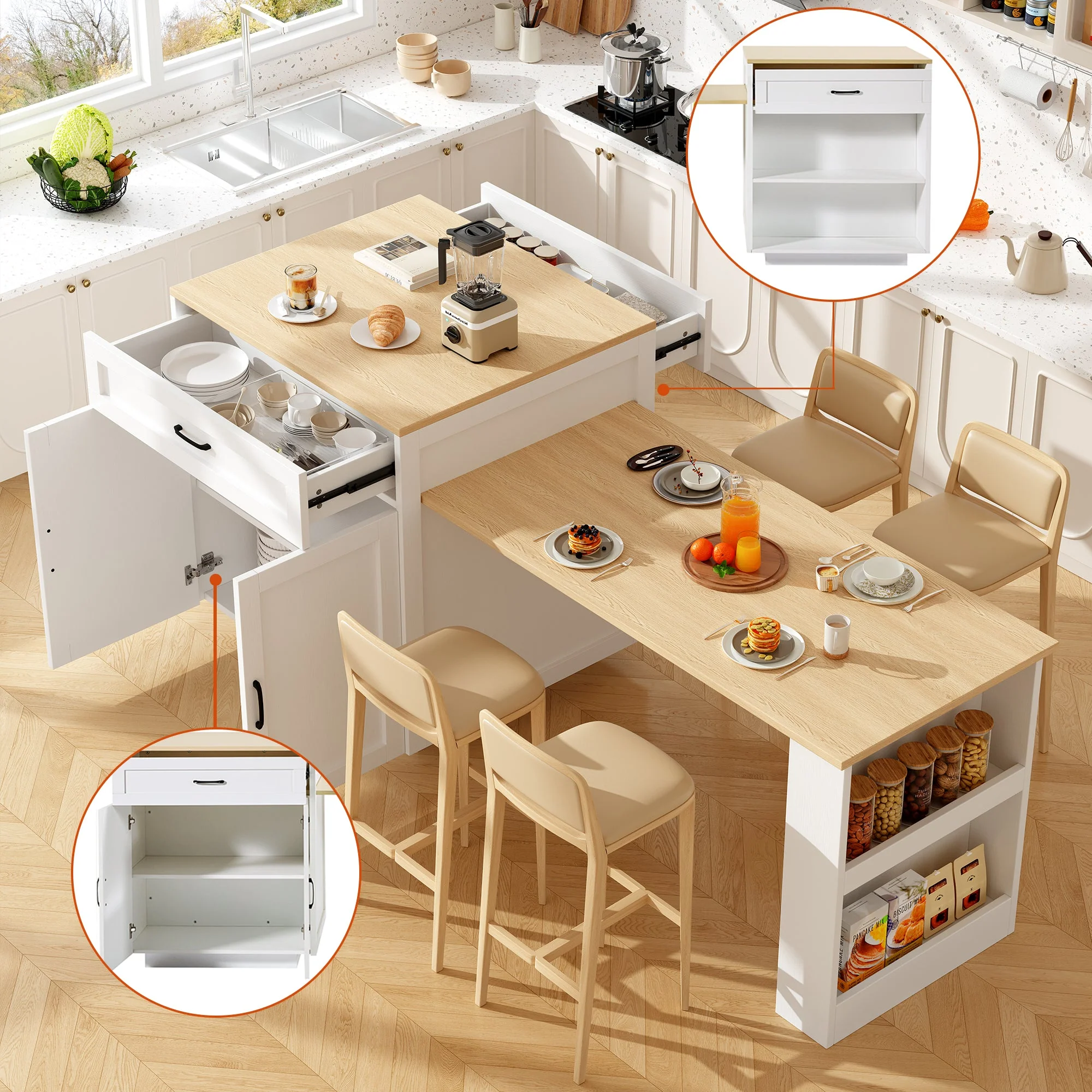 Extendable Bar Table 133-202cm with Storage, 2 Drawers & Side Shelves - White - Image 2