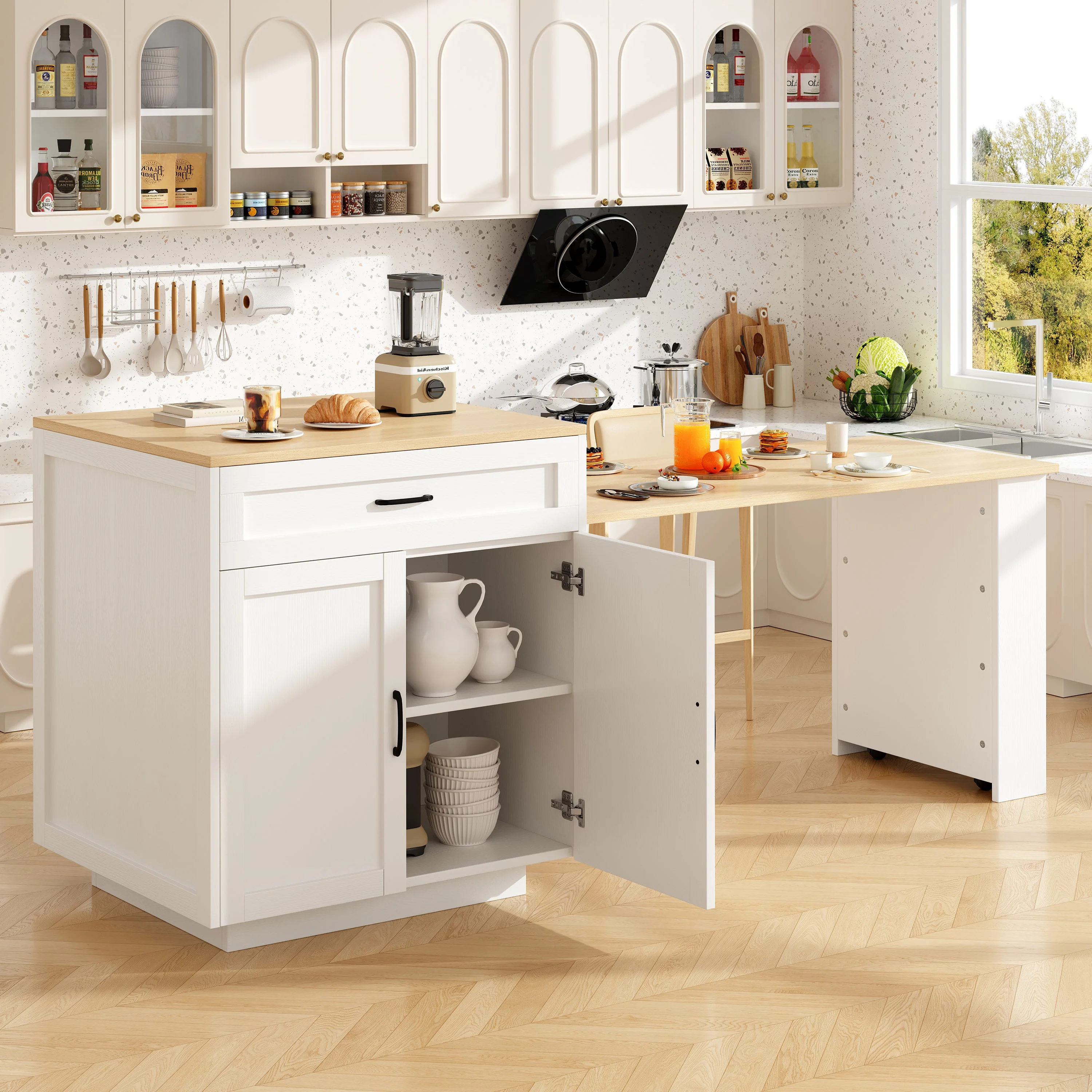 Extendable Bar Table 133-202cm with Storage, 2 Drawers & Side Shelves - White - Image 5