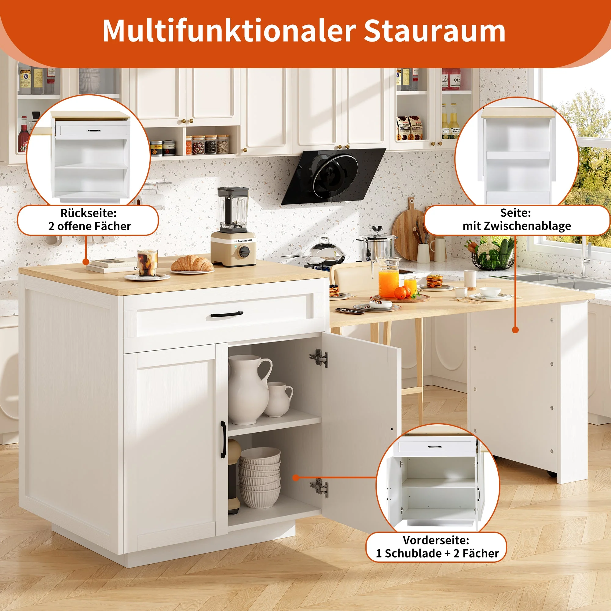 Extendable Bar Table 133-202cm with Storage, 2 Drawers & Side Shelves - White - Image 9