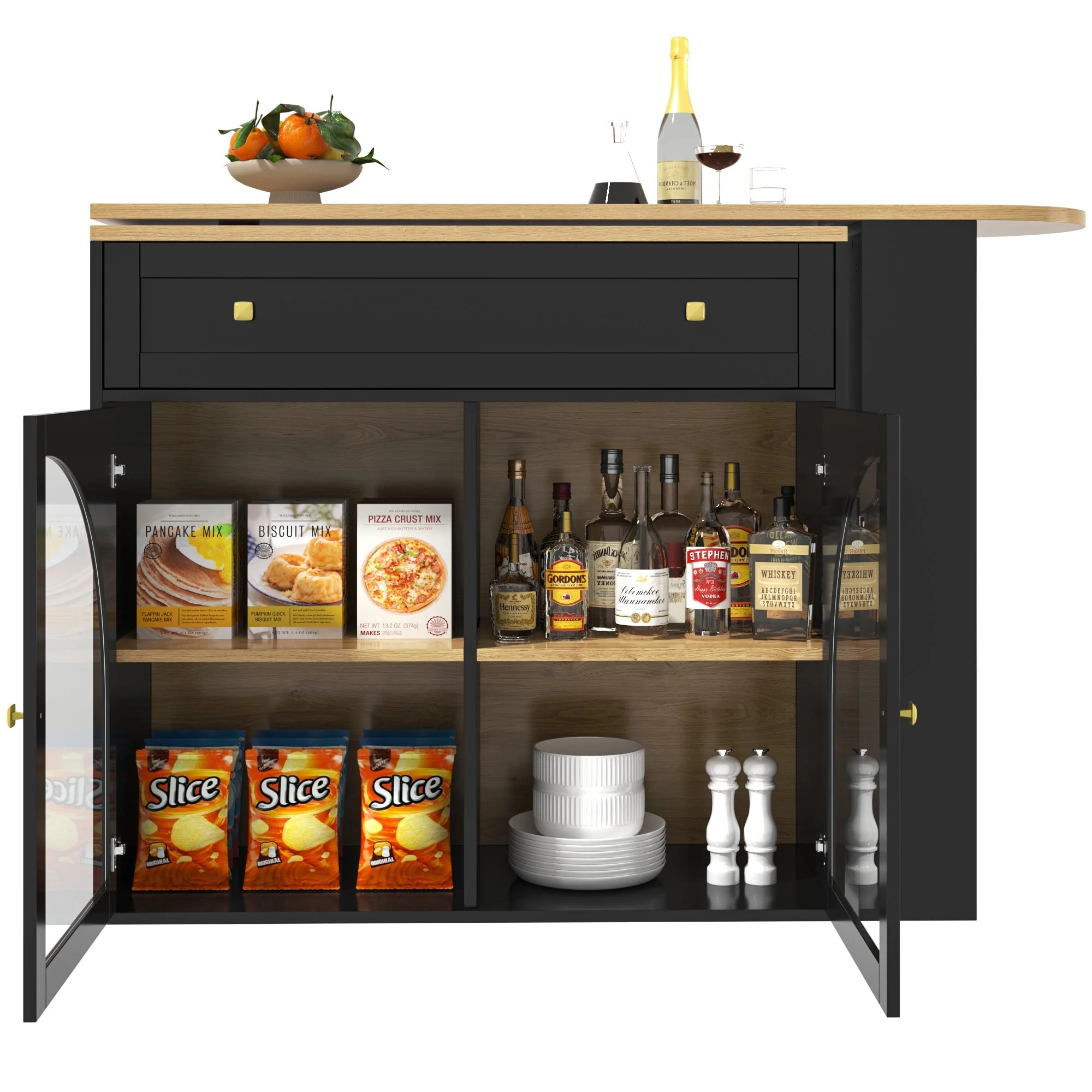 Extendable Bar Table 360° Rotating Storage Shelves Glass - Black - Image 9