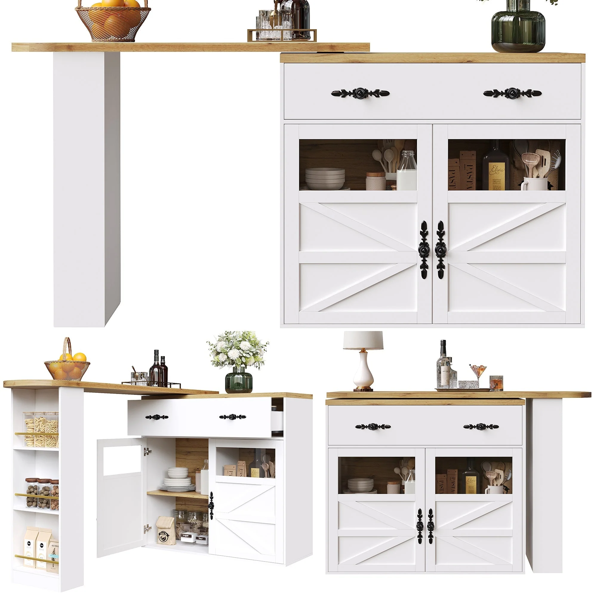 Extendable Bar Table 360° Rotating Storage Shelves - White - Image 2