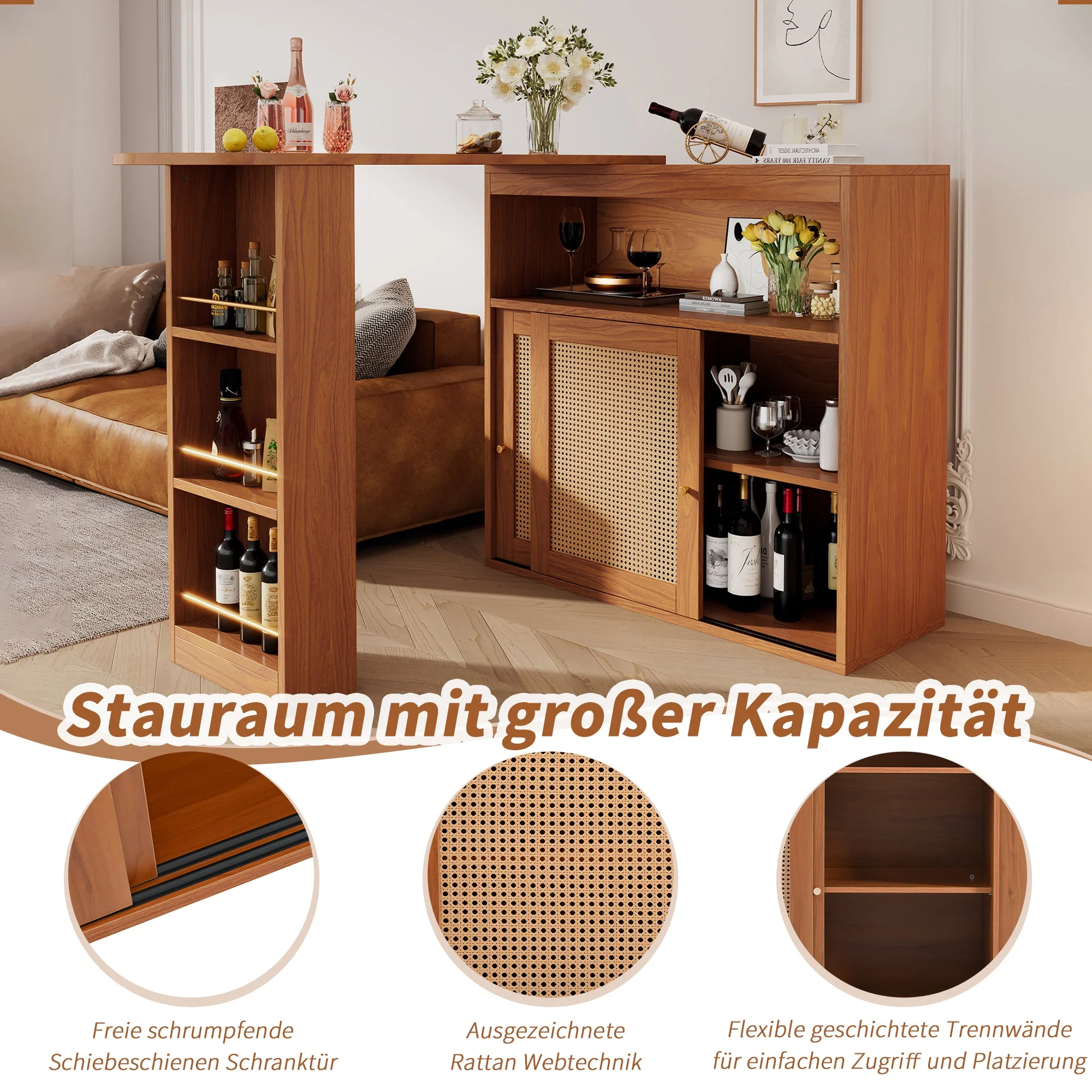 Extendable Bar Table, Adjustable Shelves Rattan Weave - Image 10