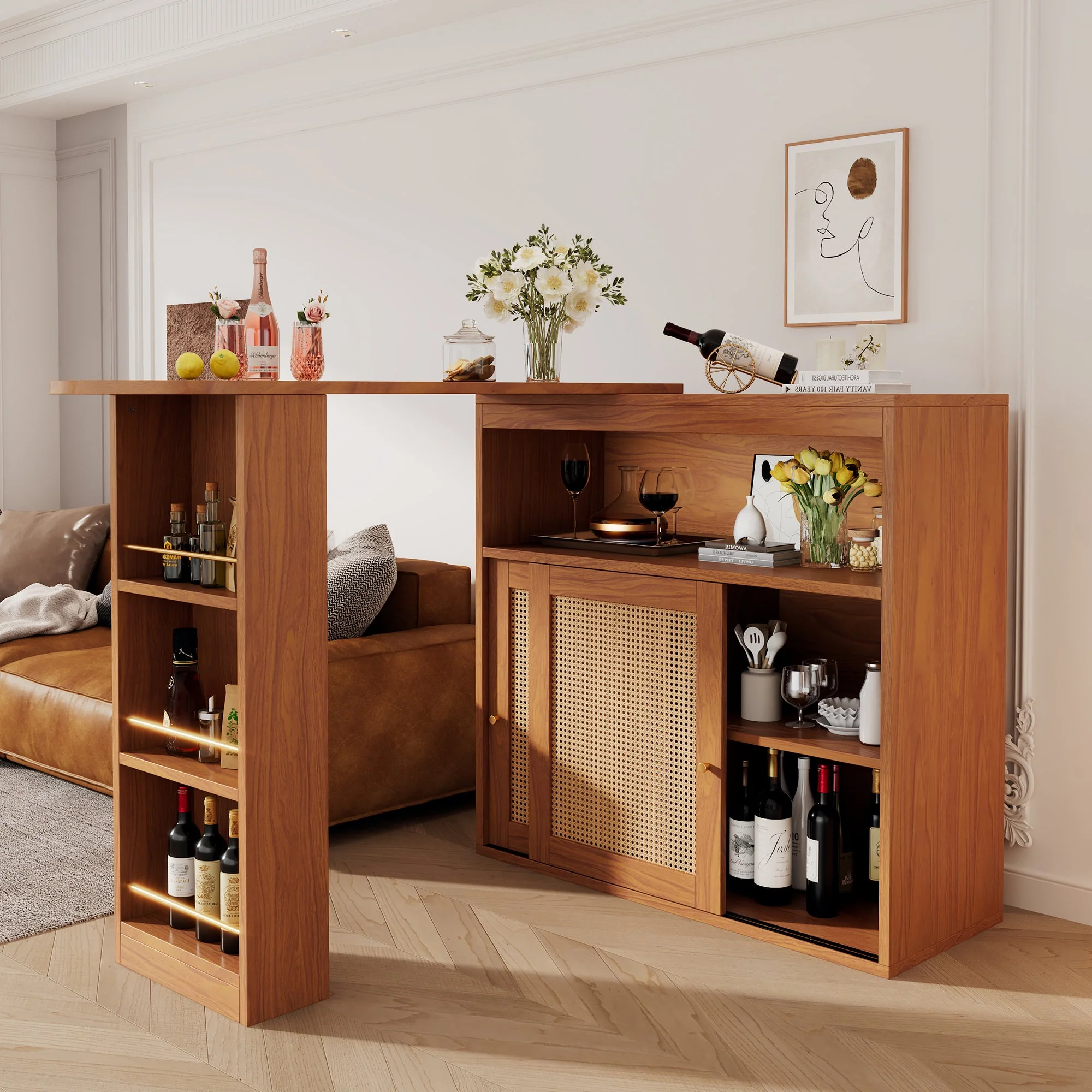 Extendable Bar Table, Adjustable Shelves Rattan Weave - Image 2