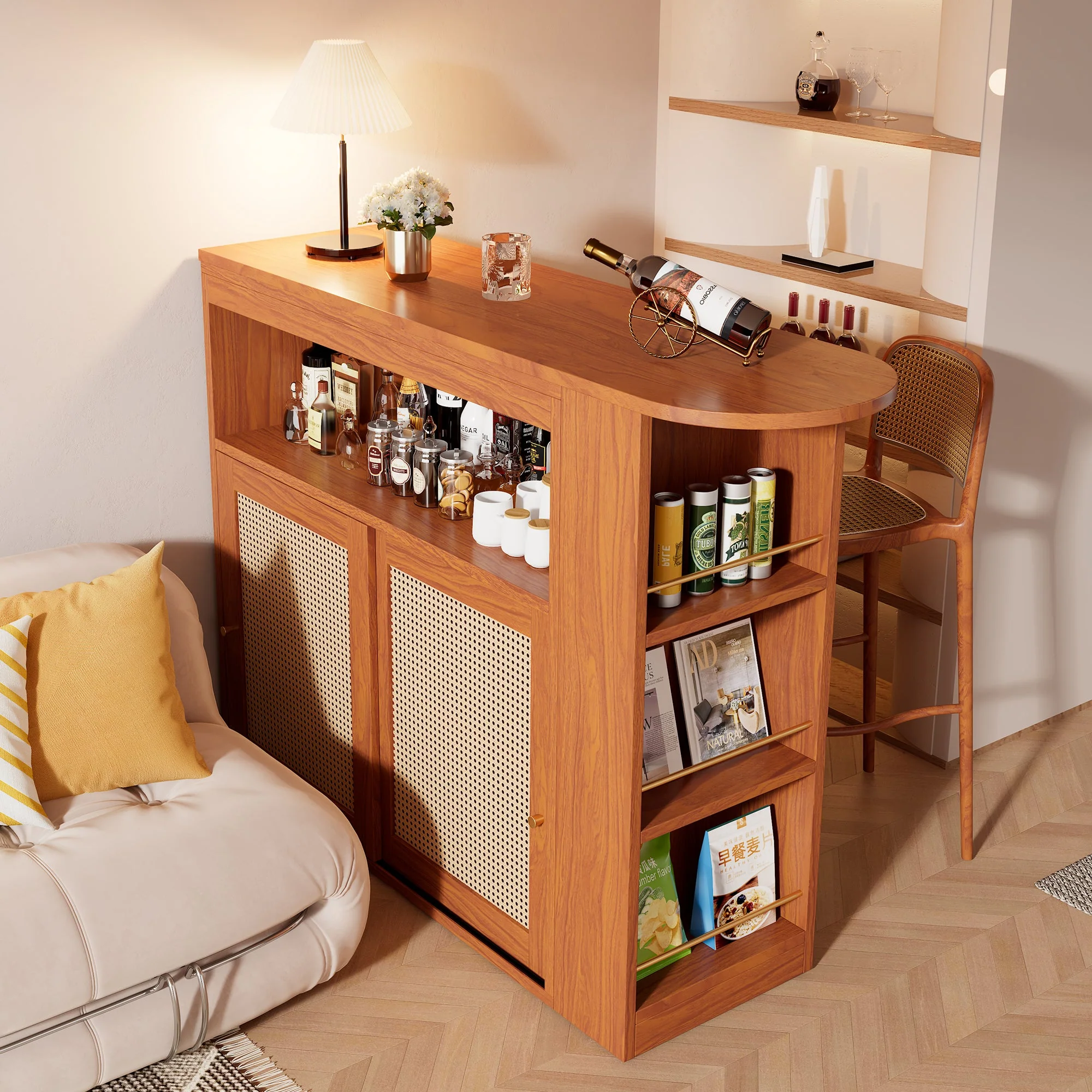 Extendable Bar Table, Adjustable Shelves Rattan Weave - Image 3